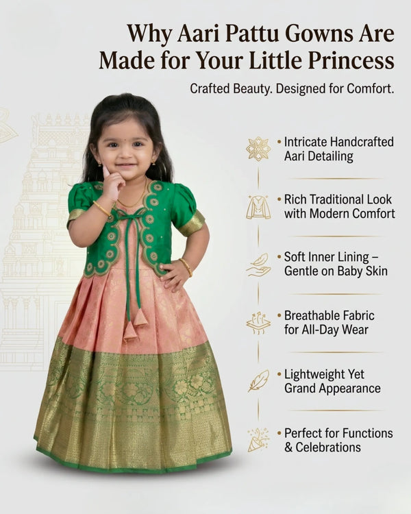 Baby Girl Green & Peach Silk Pattu Gown - Aari Work Coat Pattu Gown Set for Kids PG695