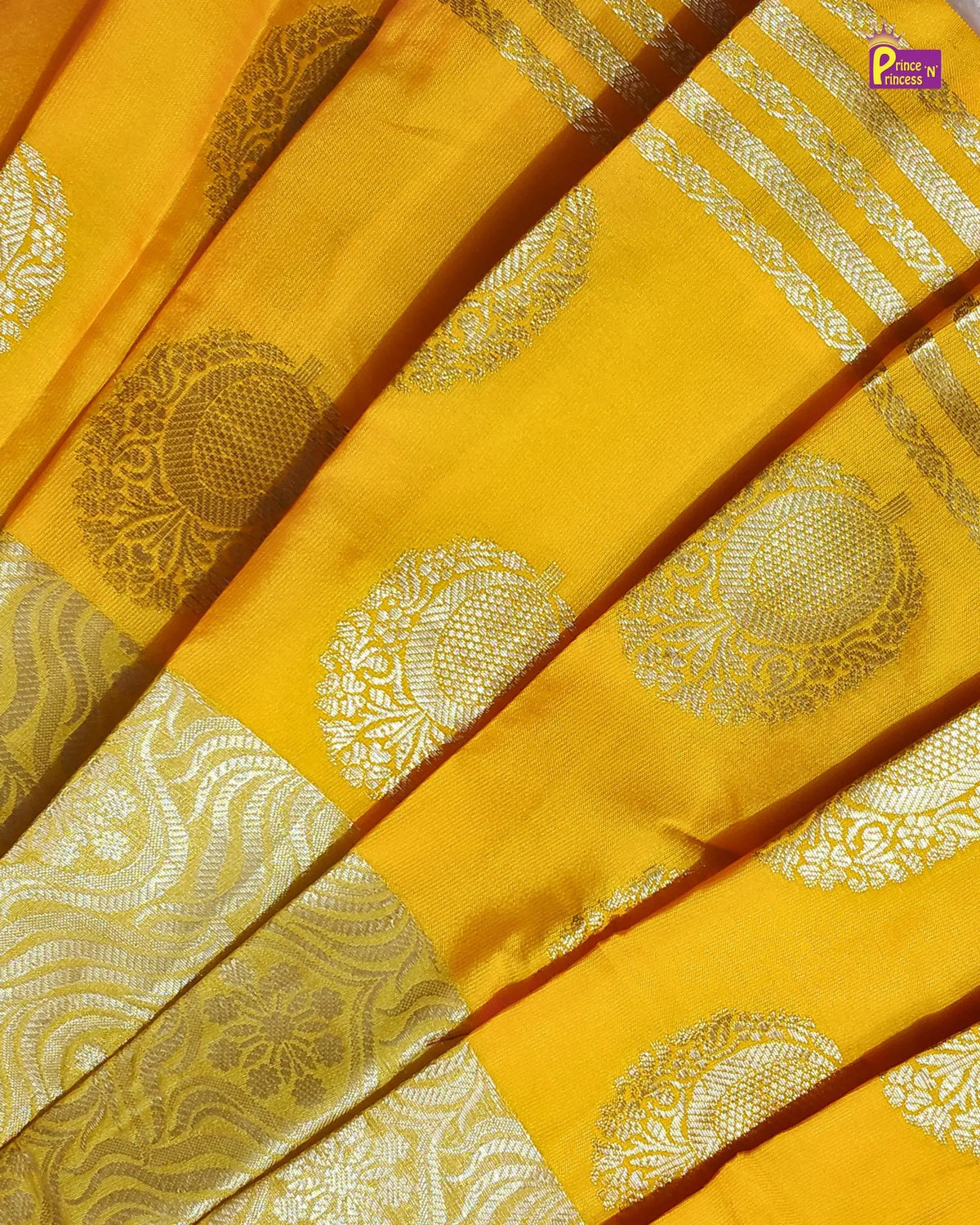 Yellow Aari Work Pattu Pavadai Boat Neck | Festival Pattu Pavadai PPP1949 for kids festival wear