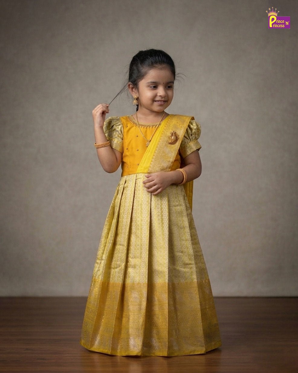 Yellow Banarasi Pattu Gown Semi Saree Pleat Model | Aari Work Gown PG587 - Prince N Princess