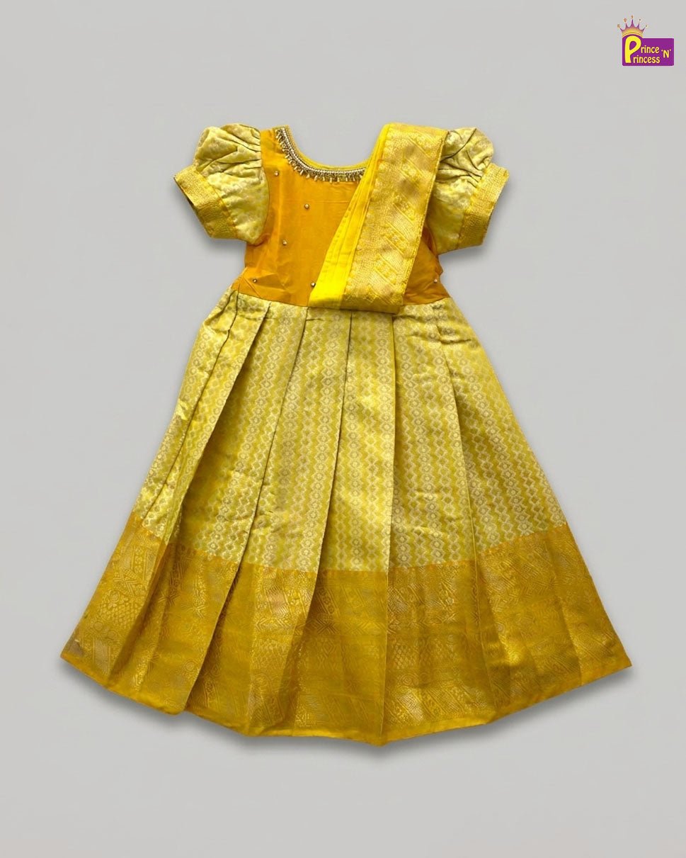 Yellow Banarasi Pattu Gown Semi Saree Pleat Model | Aari Work Gown PG587 - Prince N Princess