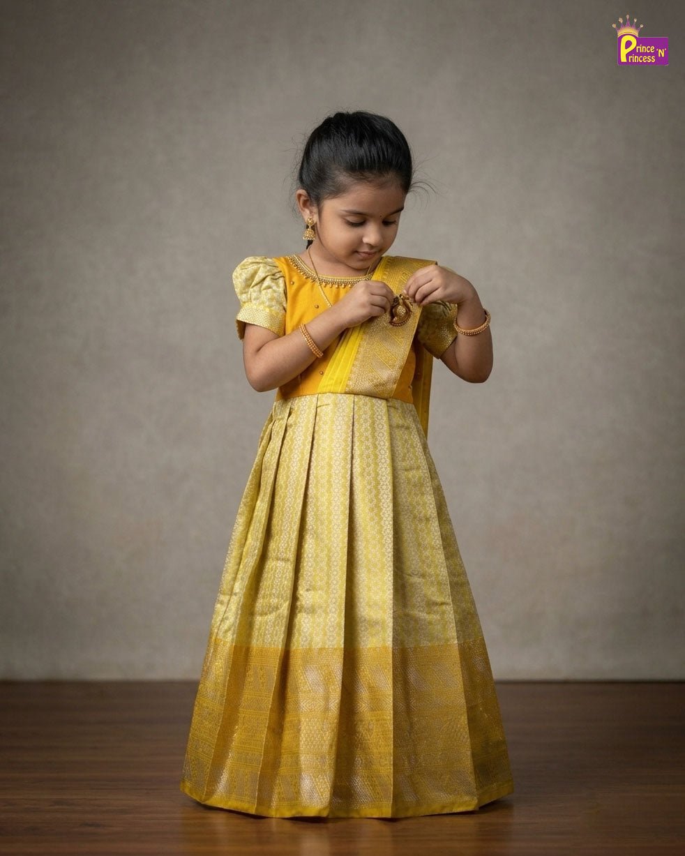 Yellow Banarasi Pattu Gown Semi Saree Pleat Model | Aari Work Gown PG587 - Prince N Princess
