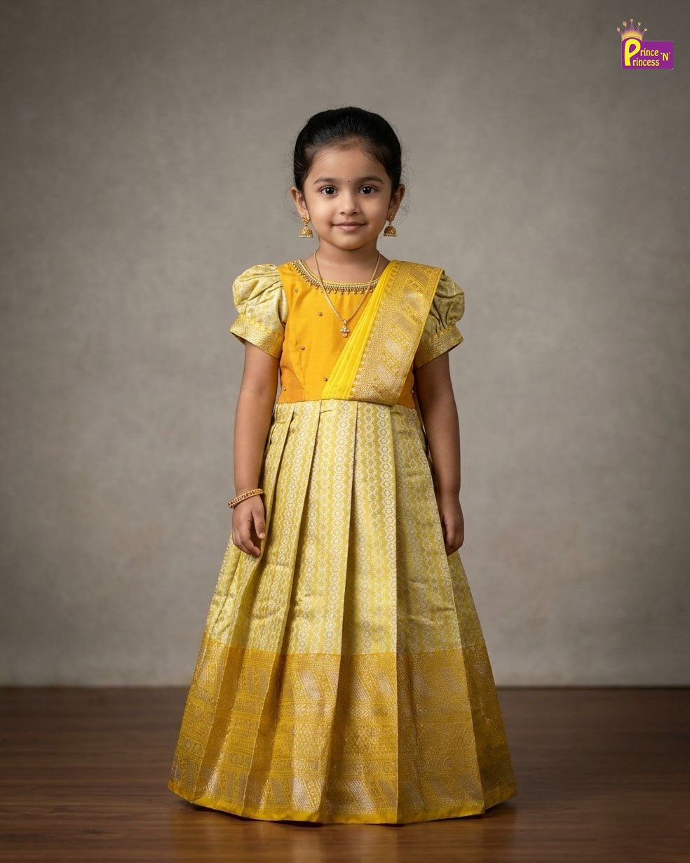 Yellow Banarasi Pattu Gown Semi Saree Pleat Model | Aari Work Gown PG587 - Prince N Princess
