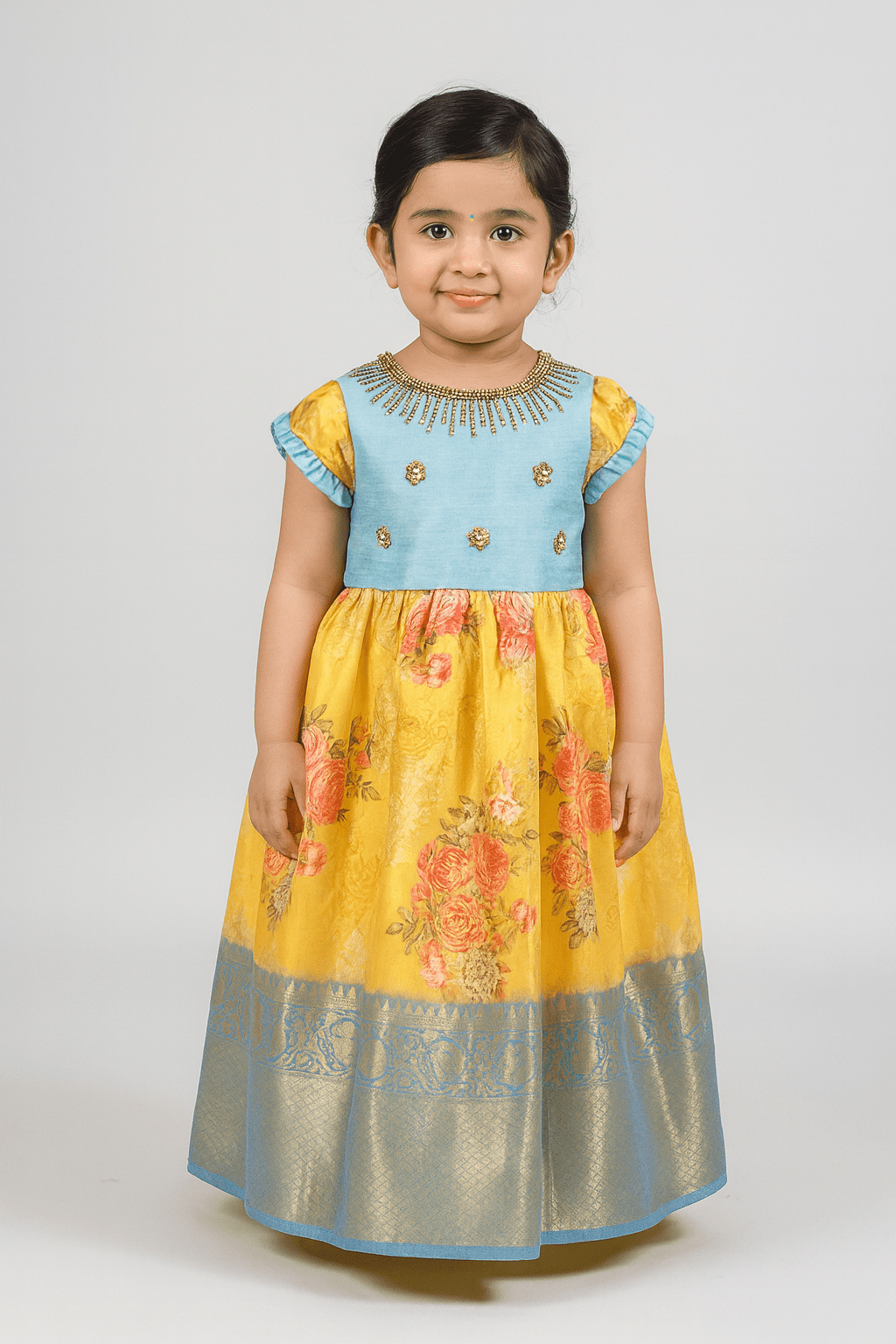 Yellow Blue Digital Satin AARI Ethnic Party Gown PG276 - Prince N Princess
