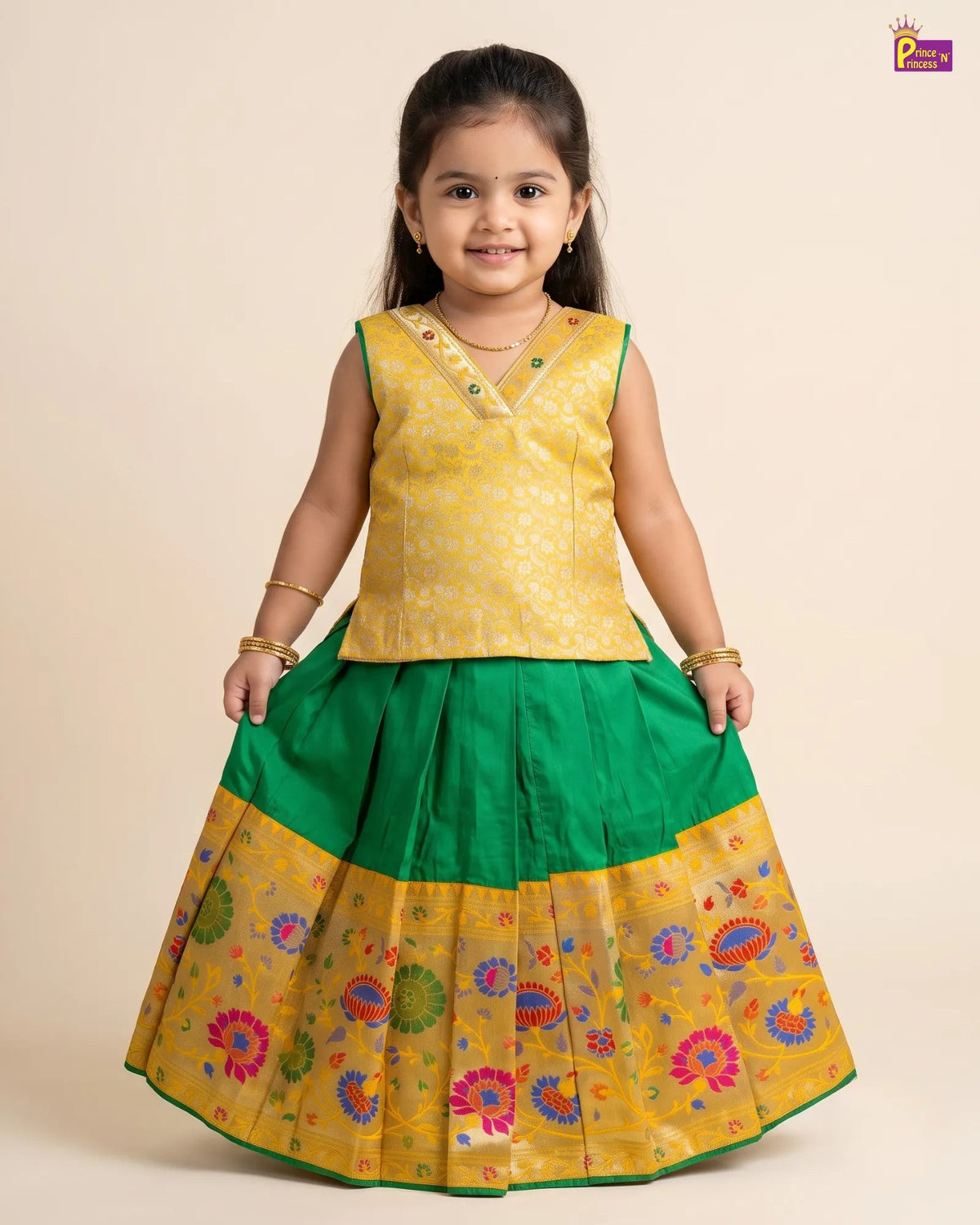 Yellow Green Pattu Pavadai for Girls - Floral Zari Border PPP1827 for kids festival wear