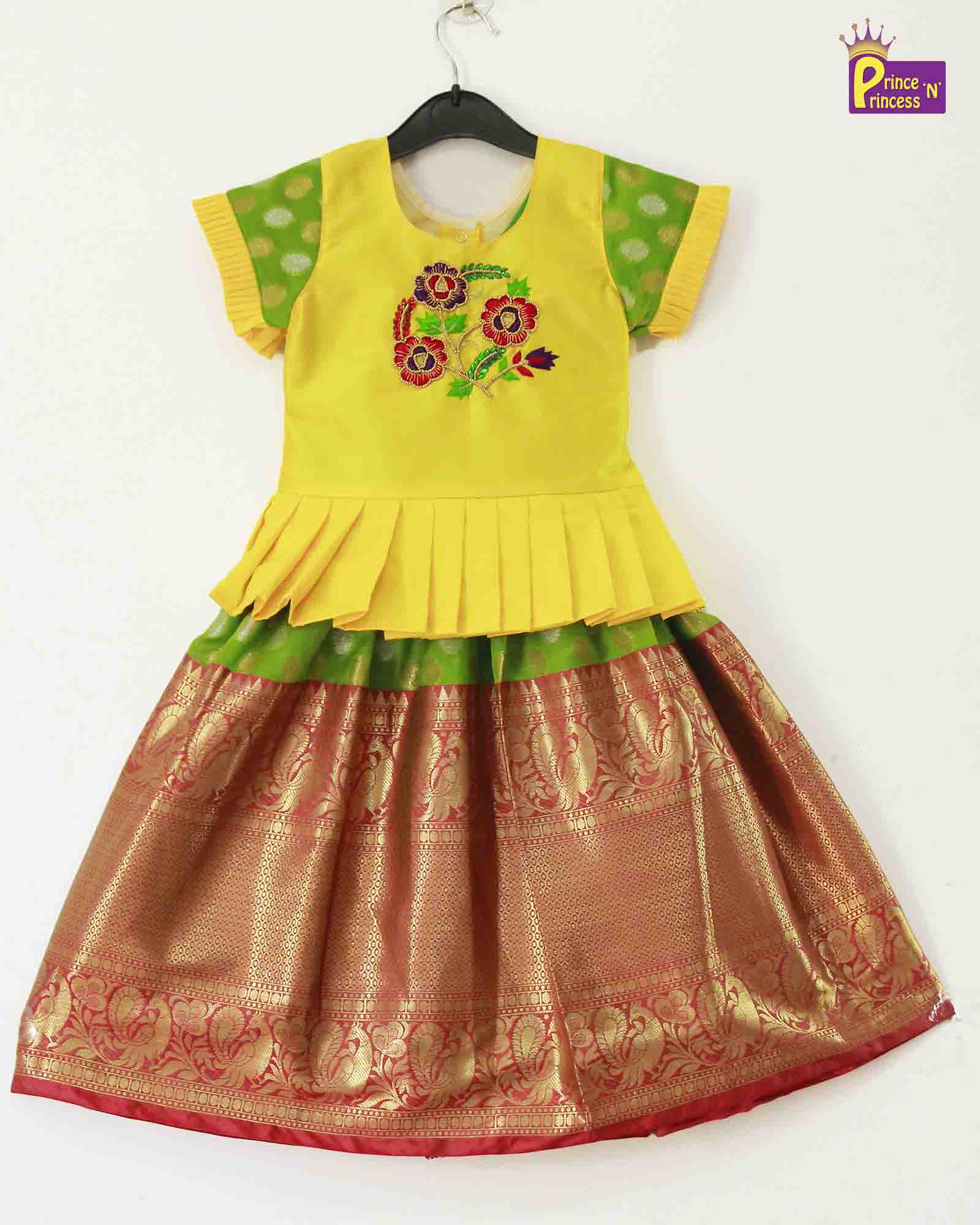 Yellow Green Traditional AARI Pattu Pavadai PPP946 - Prince N Princess