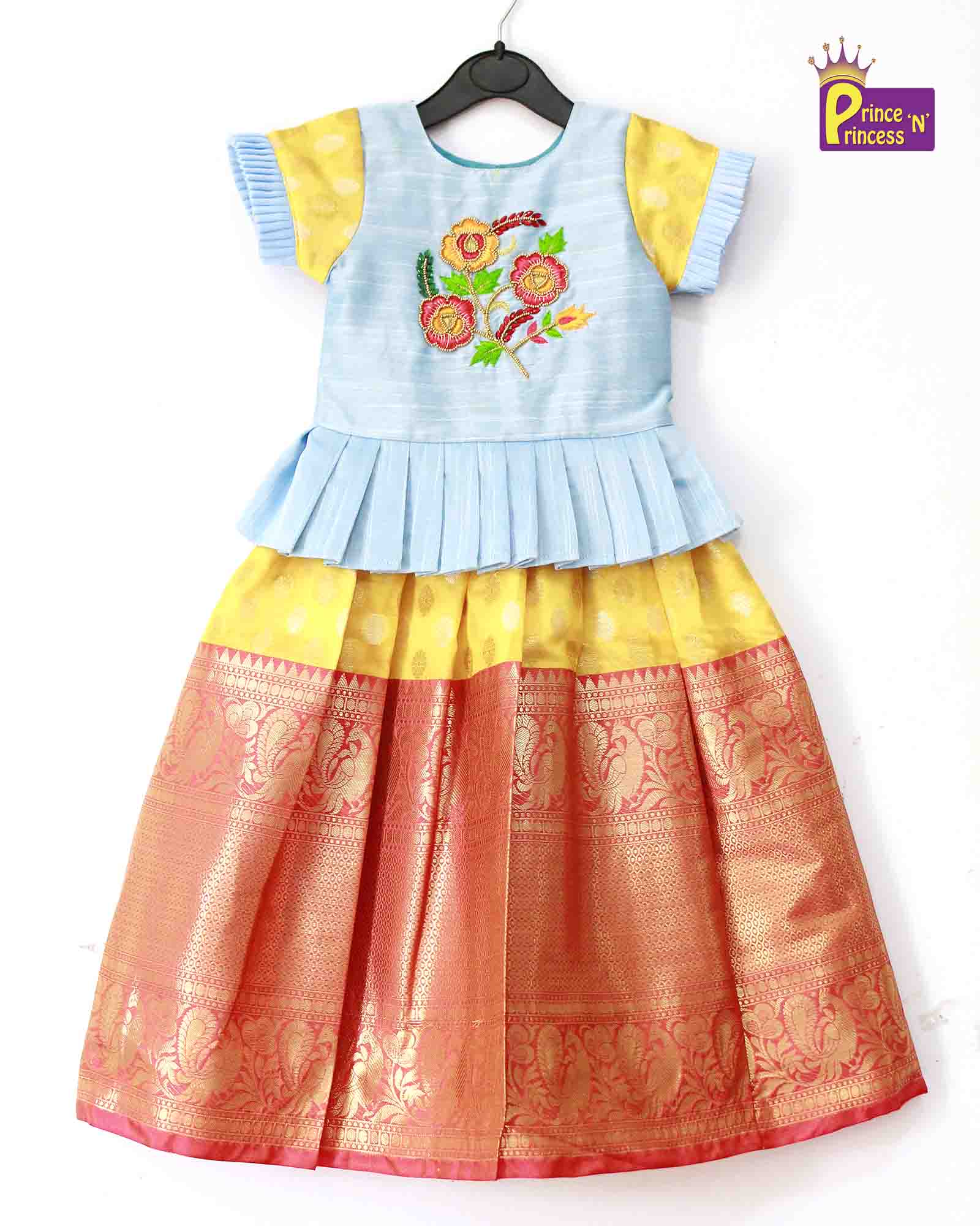 Yellow Sky blue Traditional AARI Pattu Pavadai PPP951 - Prince N Princess