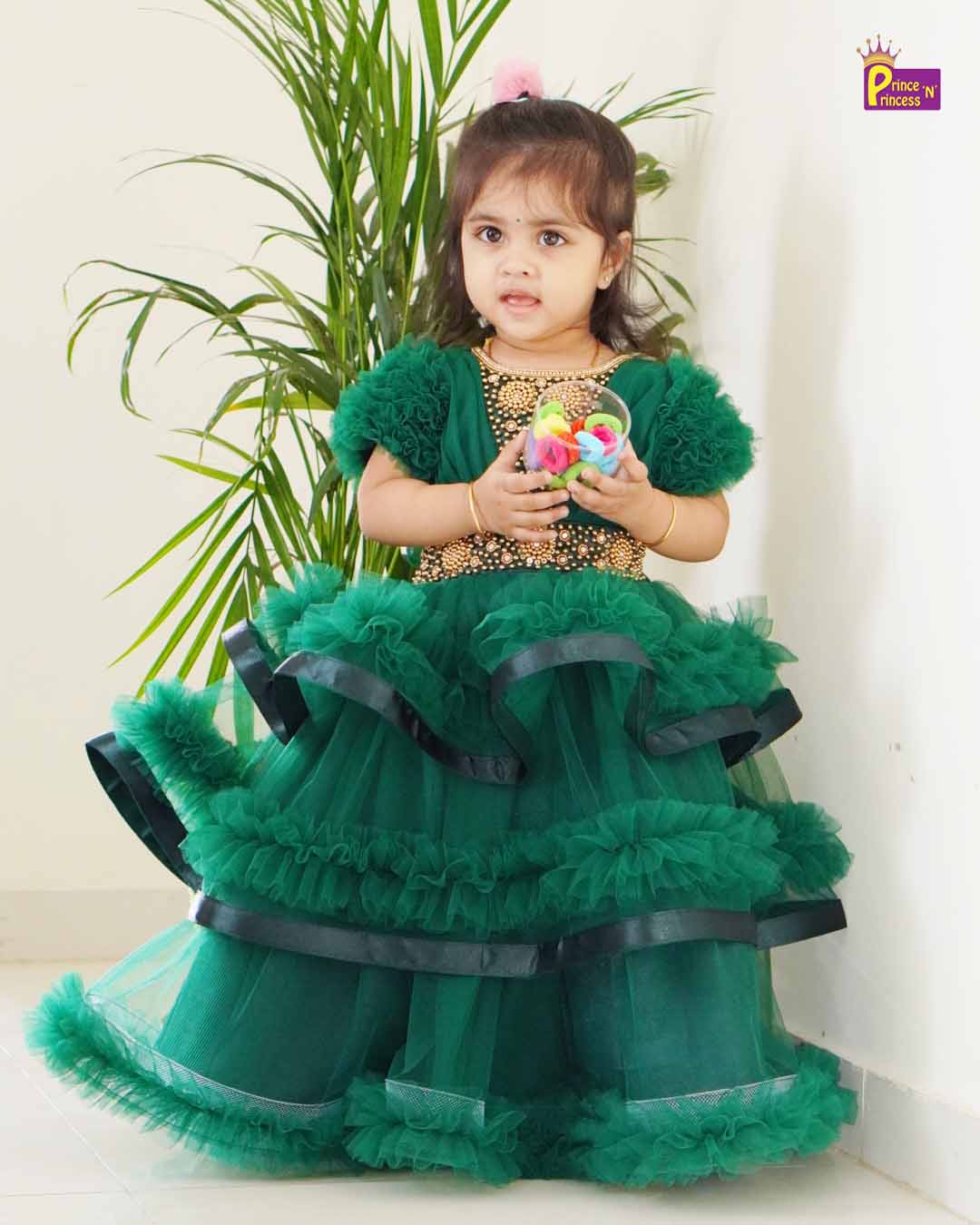Sunflower theme royal blue and green colour frock. – Stanwells Kids