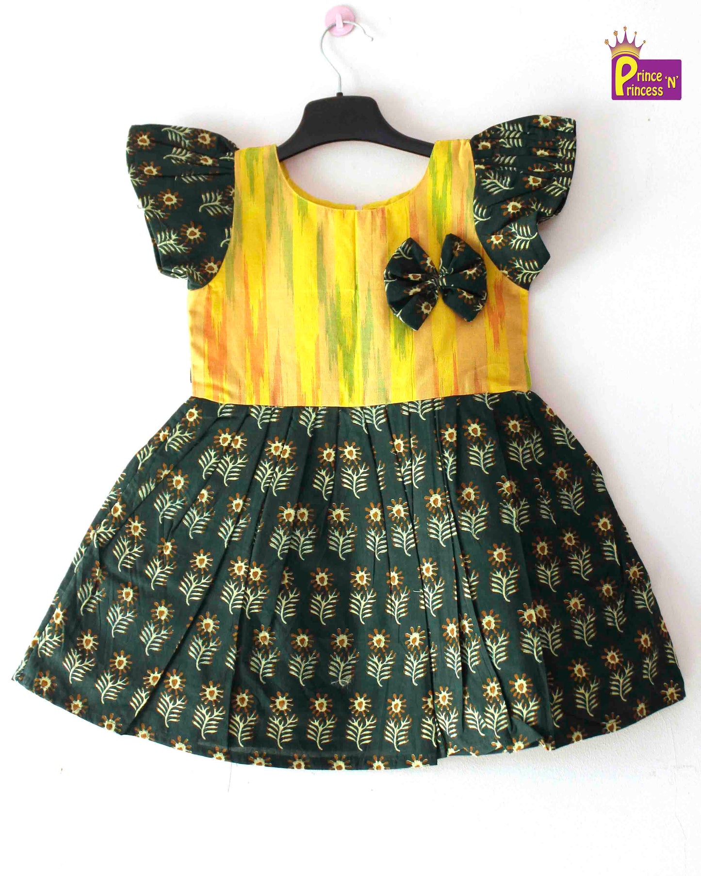 Yellow Ikkat with Green Cotton Frock CF221