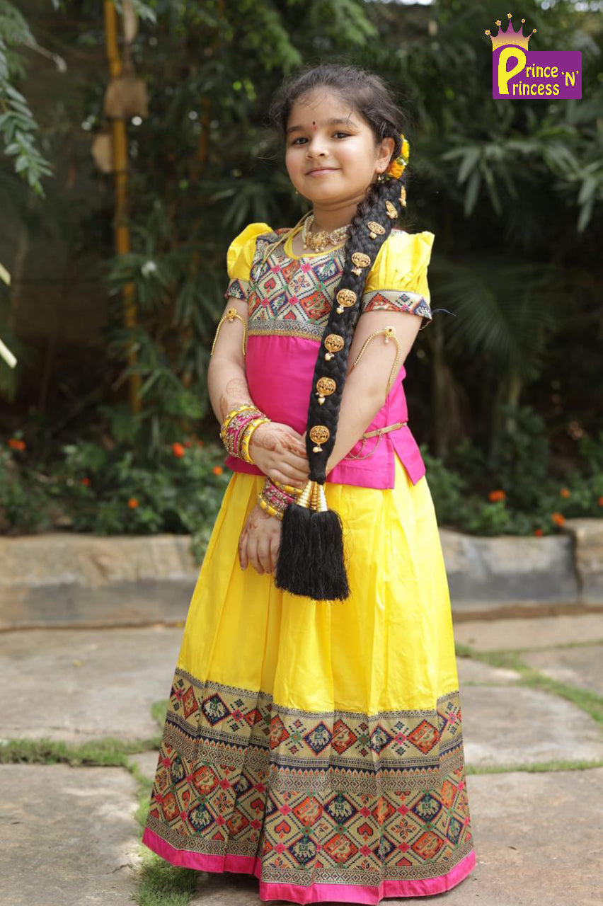 Product Kids Rani Pink Yellow Big Border Pattu Pavadai PPP905 Prince N Princess