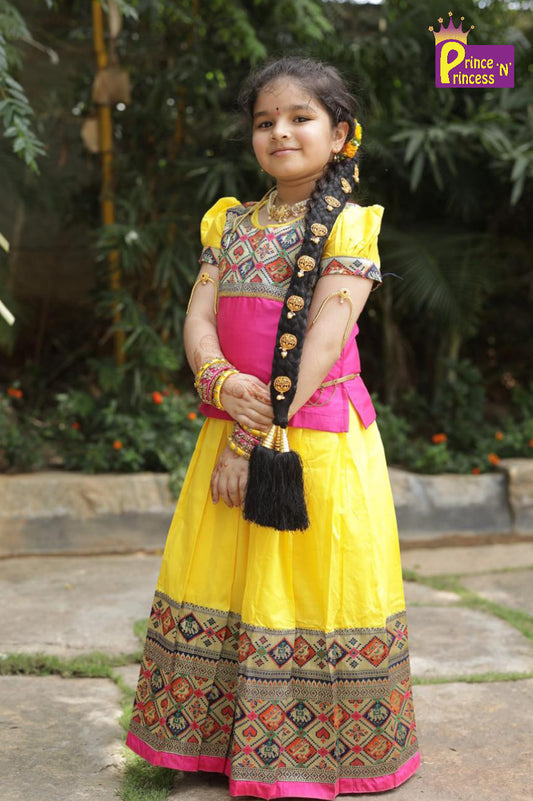 Product Kids Rani Pink Yellow Big Border Pattu Pavadai PPP905 Prince N Princess