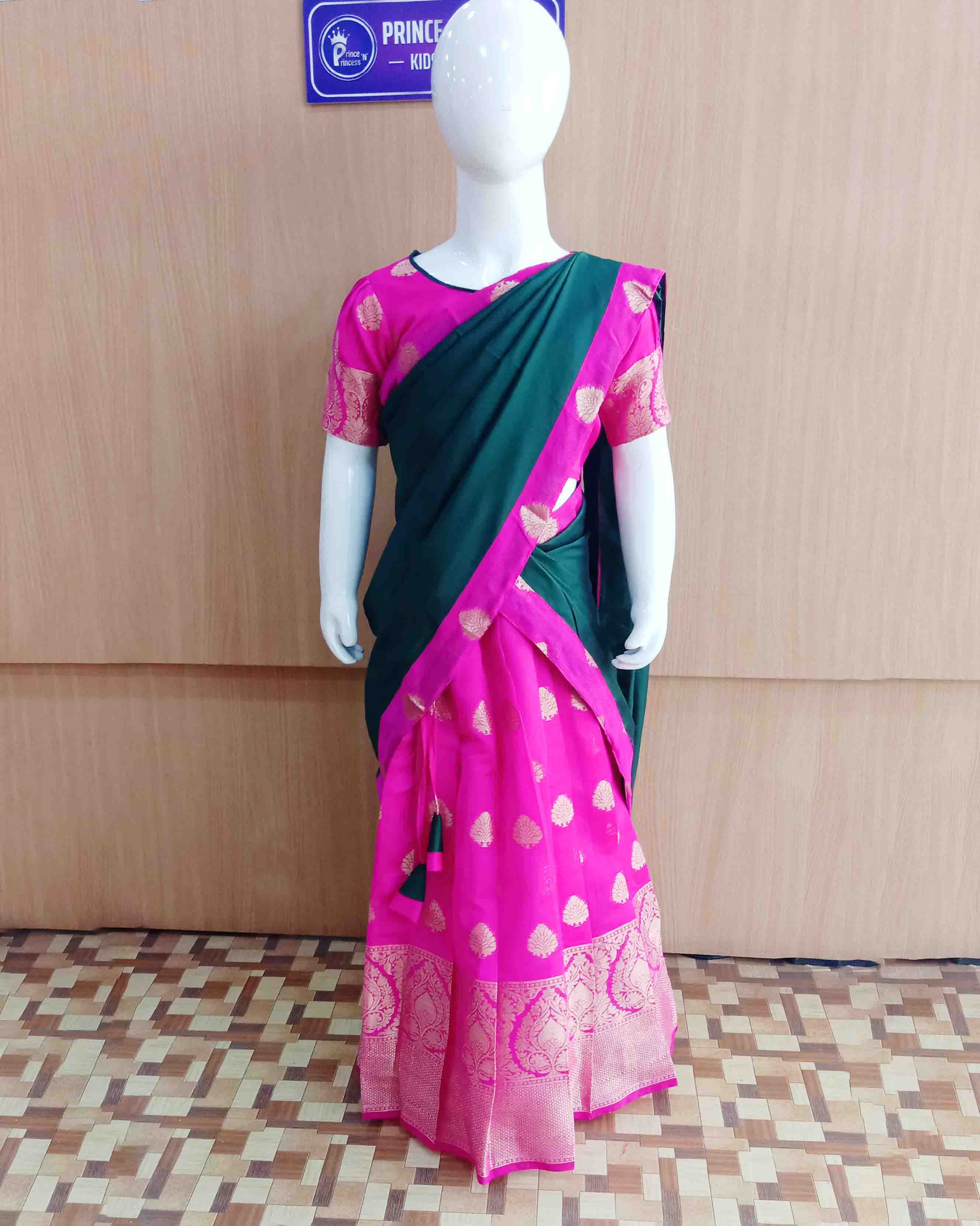 Kid's Ready to wear fawn colored Saree for girls with Sequin work stitched  blouse - Stricharitra - 4056303