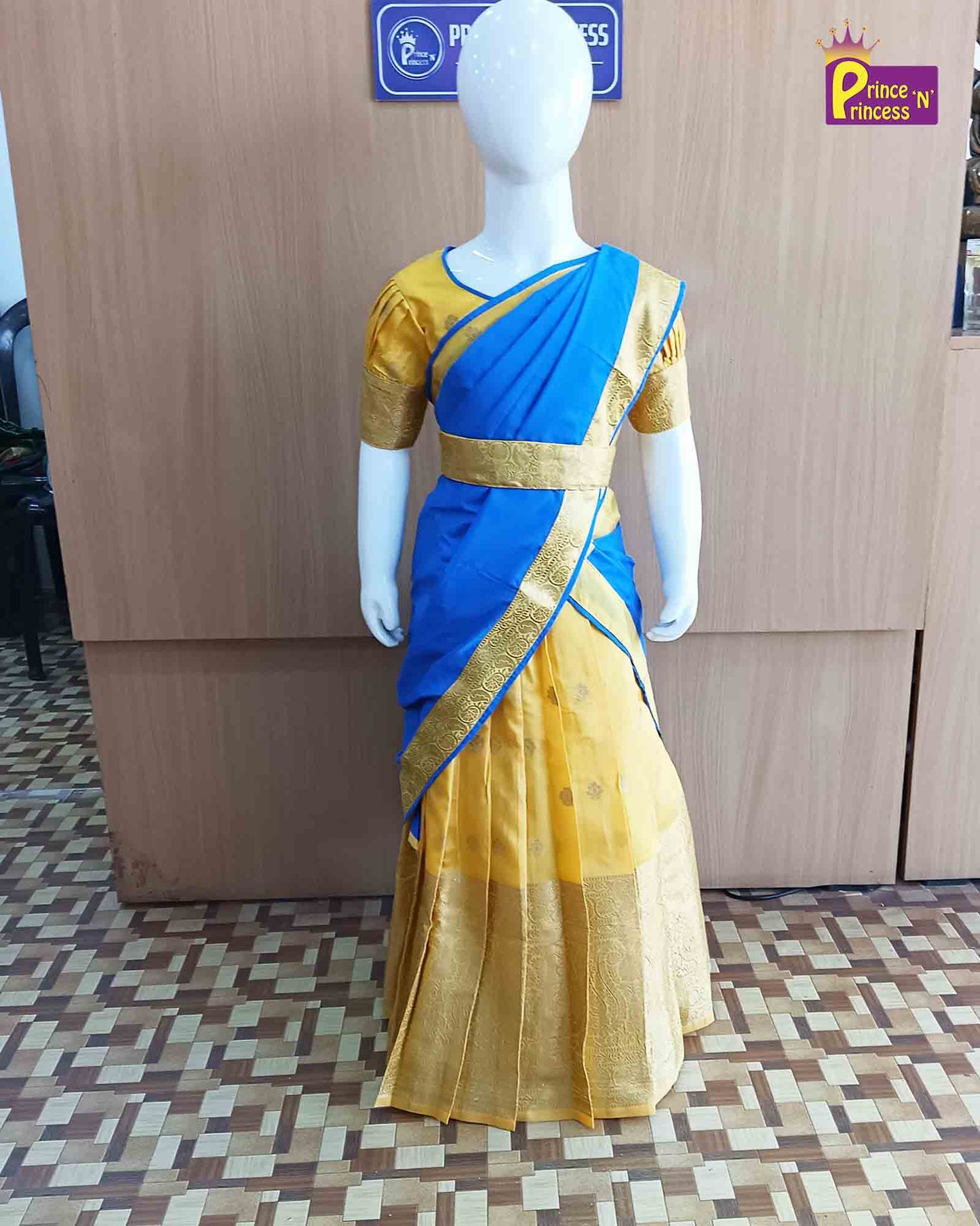 Blue Half Saree with Yellow Dkirt or Dhavani for Little Princess HF029