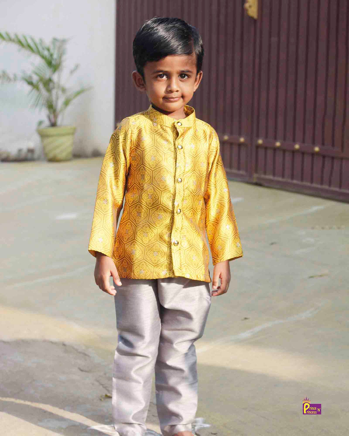 Boys Gold Grey Silk Kurta Sandal Pajama KP112 Prince N Princess