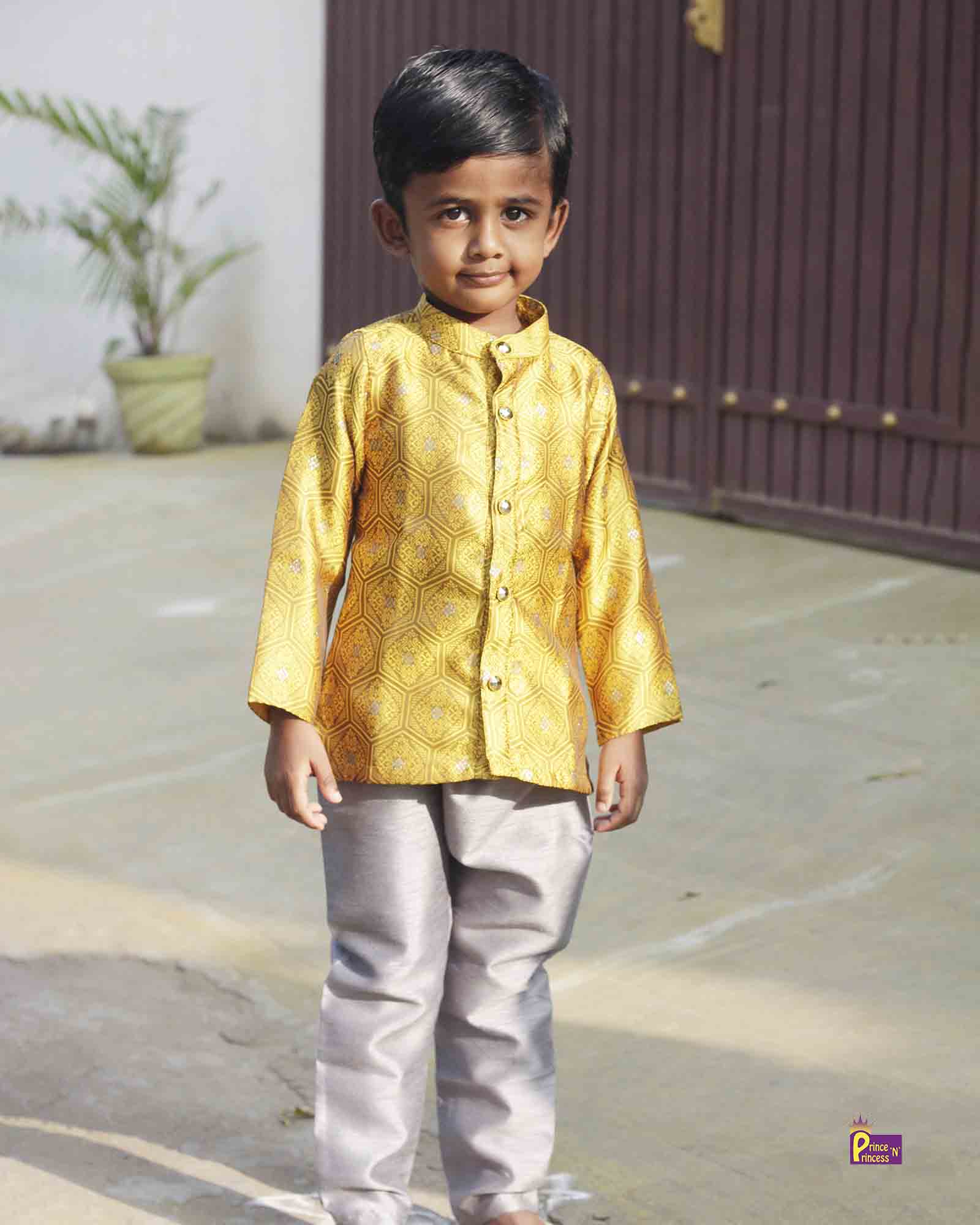 Boys Gold Grey Silk Kurta Sandal Pajama KP112 Prince N Princess