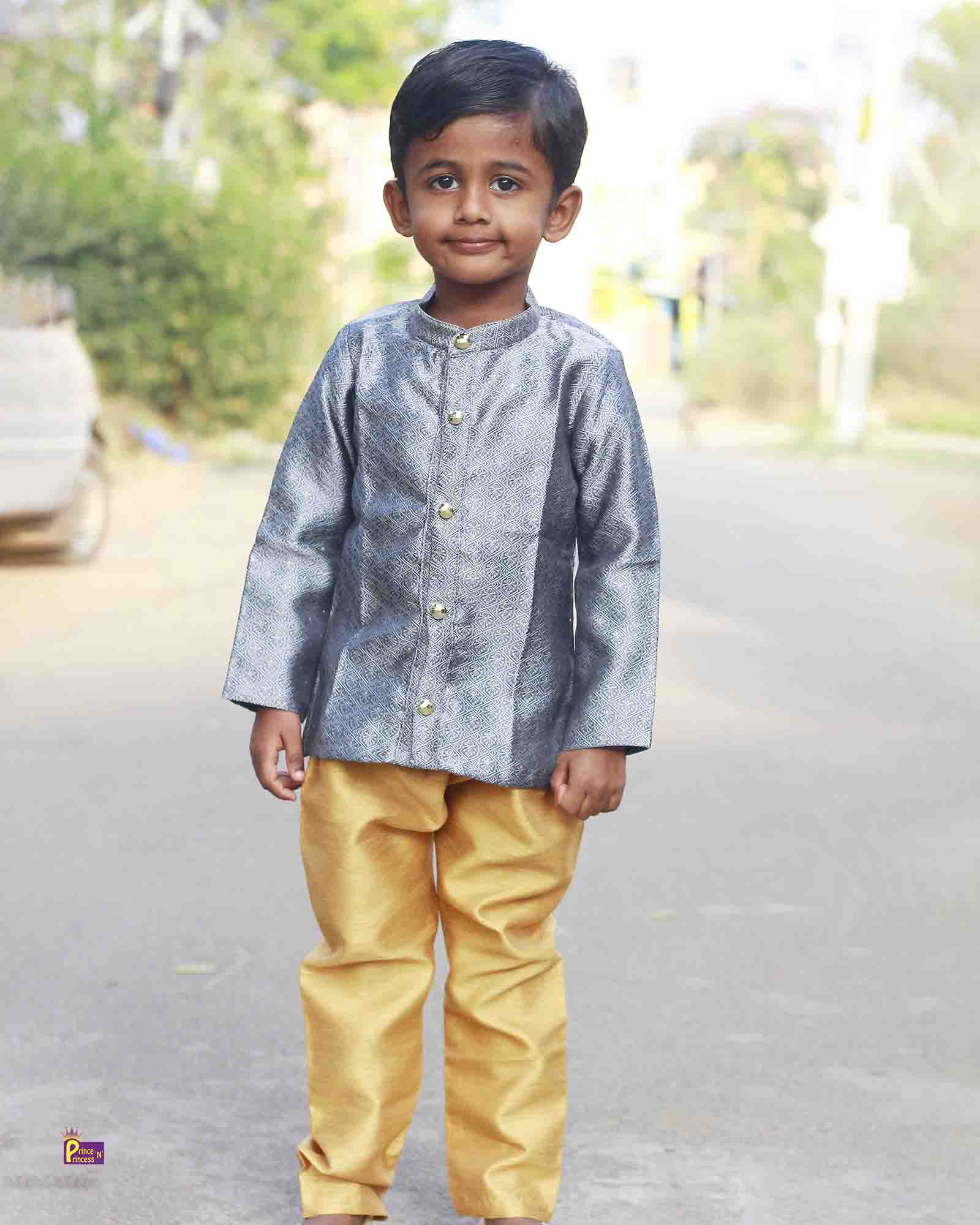 Boys Grey Gold Silk Kurta Sandal Pajama KP114 Prince N Princess