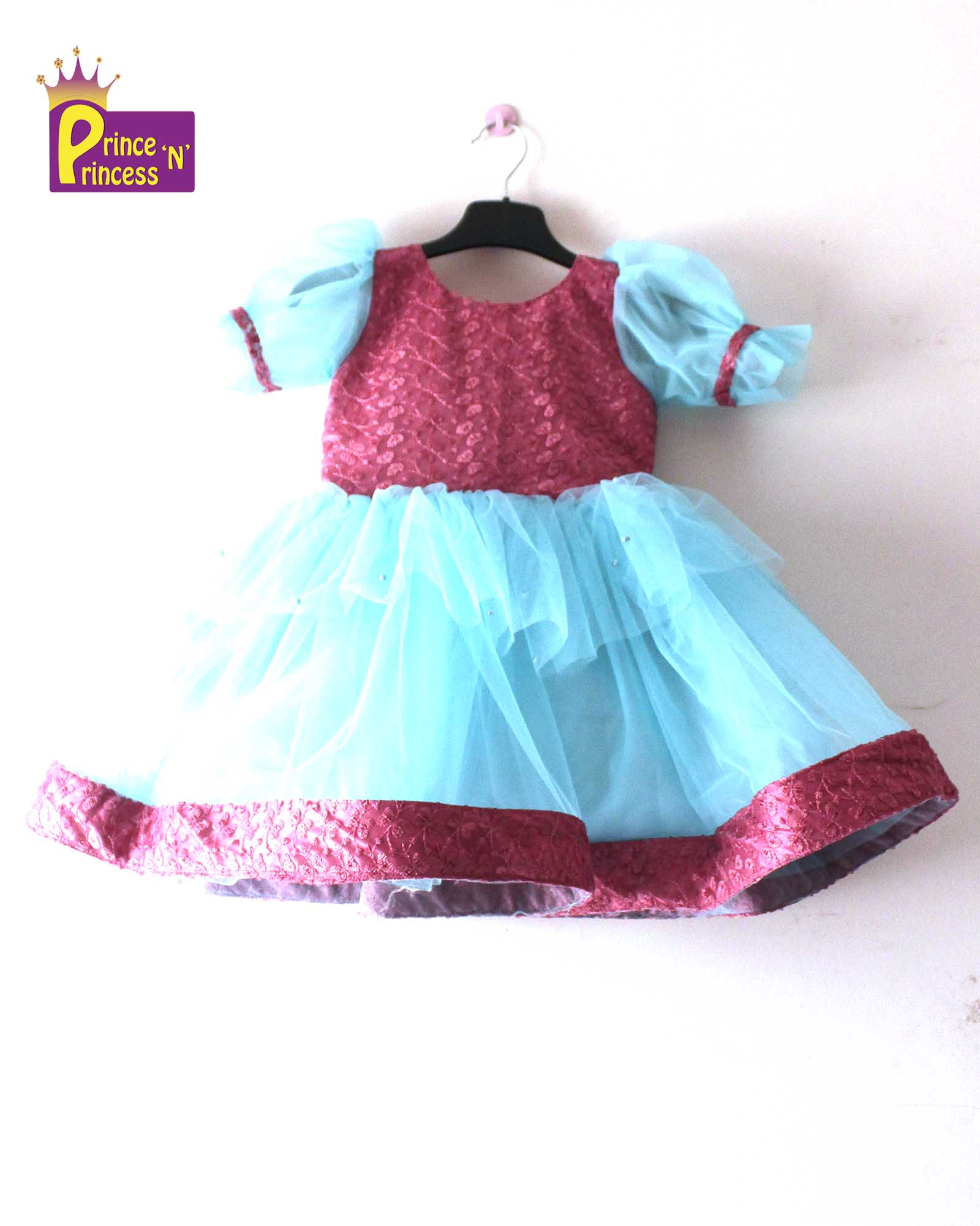 Pink Embroidery net with Sky Blue Party Frock LDF294 Prince N Princess