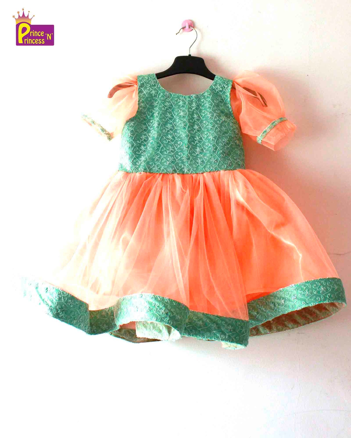 Green Embroidery net with Peach Party Frock LDF295
