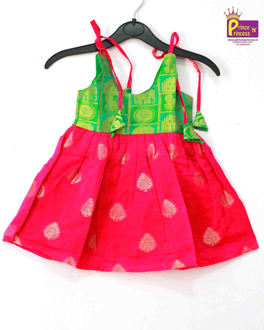New Born Pink Green Knot Type Frock LF312