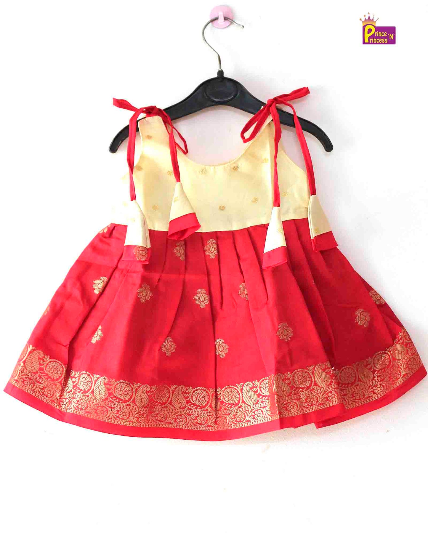 New Born Biege Red Raw Silk Knot Type Frock LF404 Prince N Princess