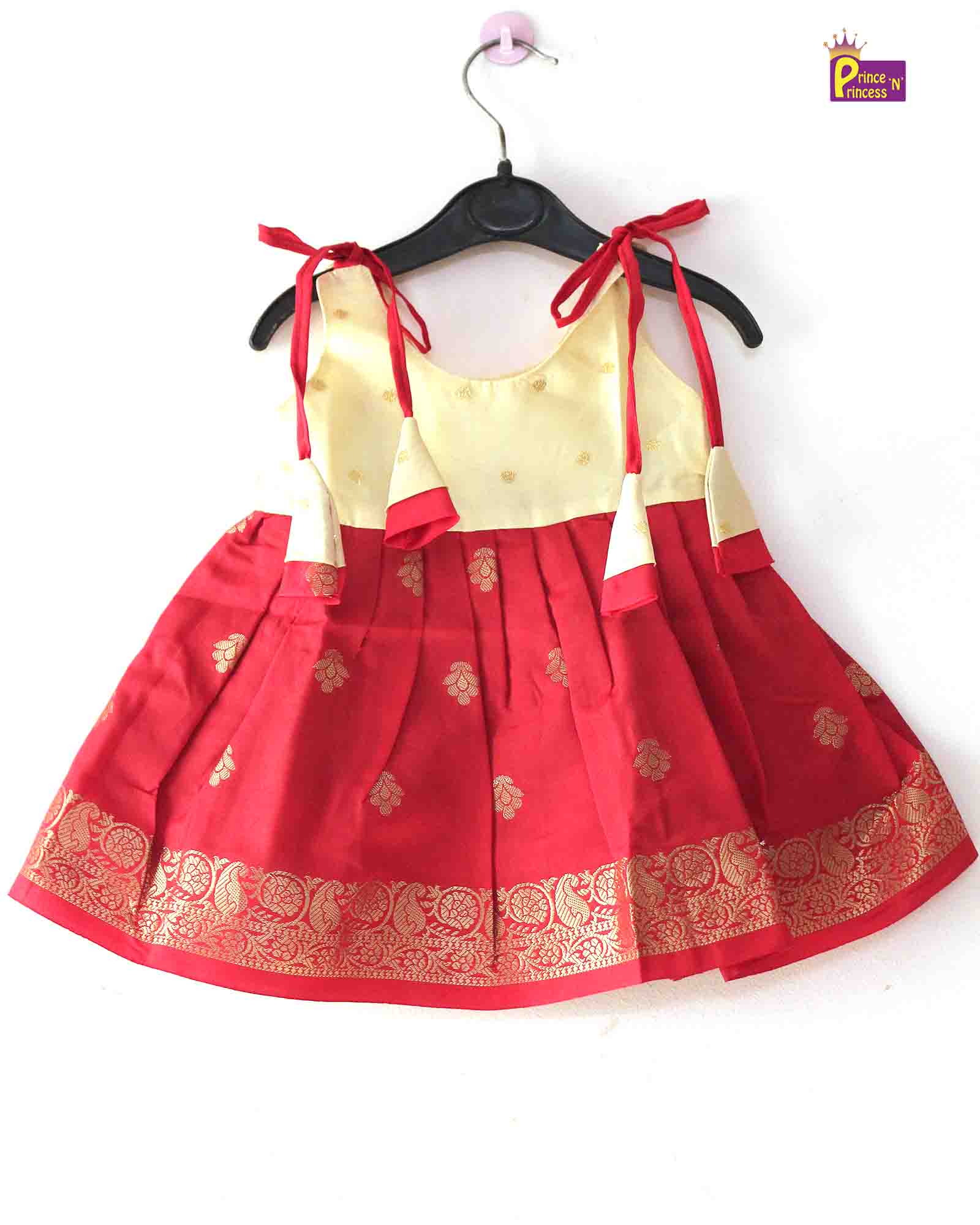 New Born Biege Red Raw Silk Knot Type Frock LF404 Prince N Princess