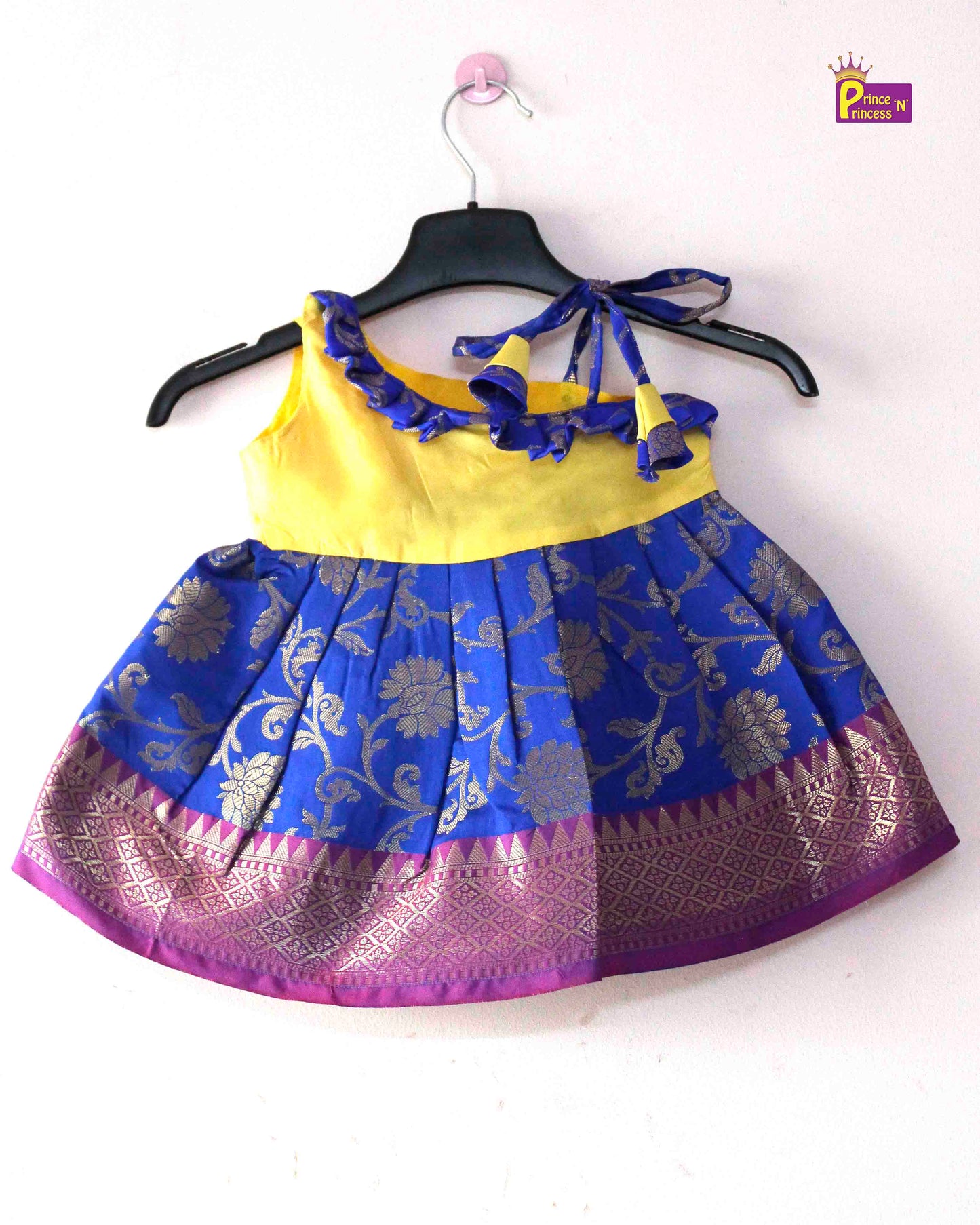 Toddlers Yellow Blue Raw Silk Knot Type Frock LF505