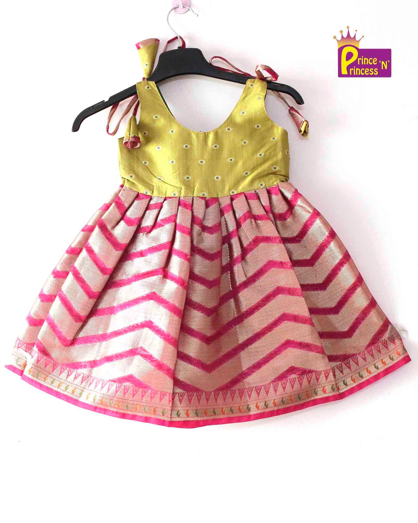 Toddlers Green Pink Silk Knot Type Frock LF431