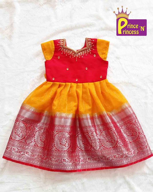 Kids Yellow Red  Organza AARI Ethnic Party Gown PG197