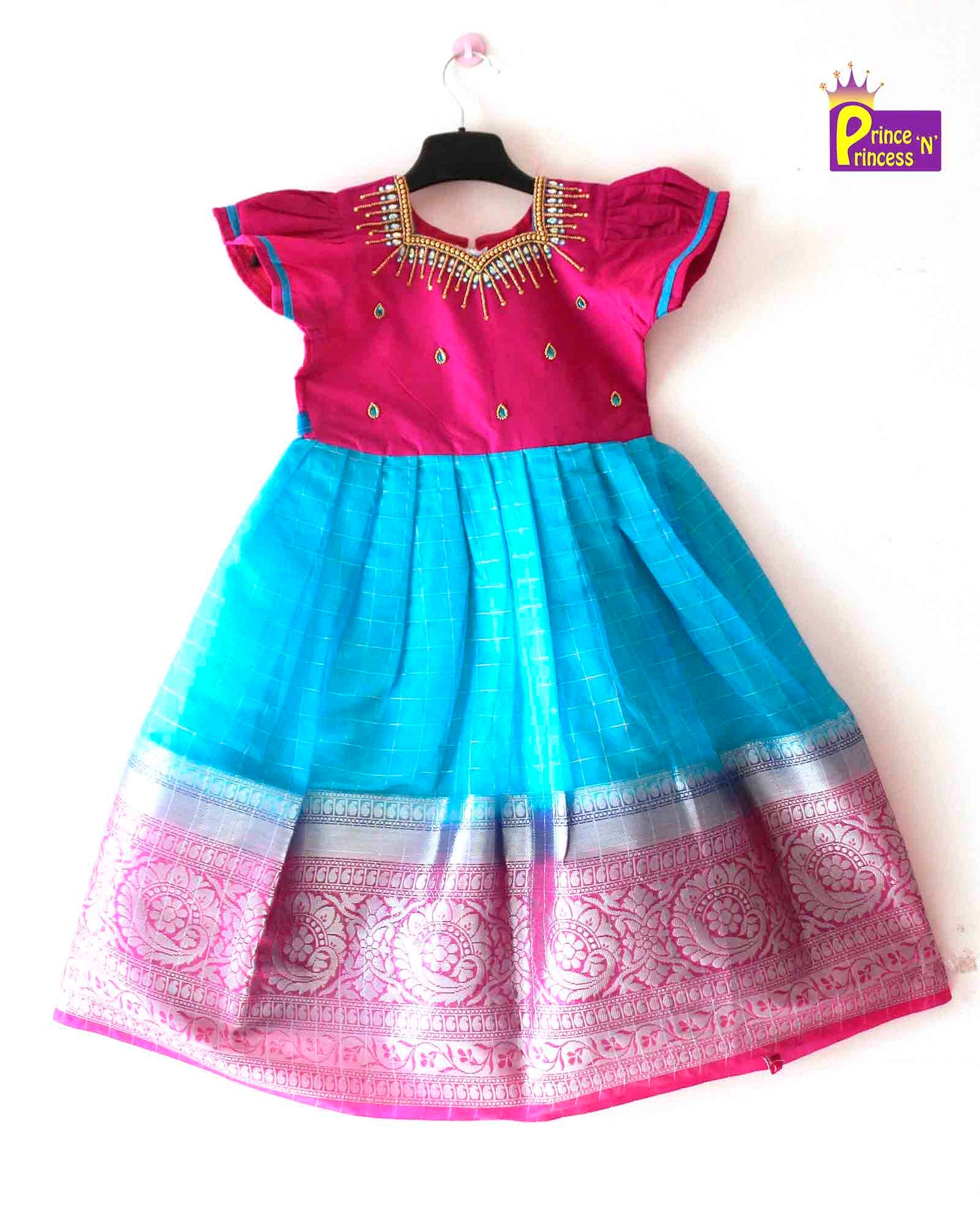 Kids Pink Skyblue Organza AARI Ethnic Party Gown PG347