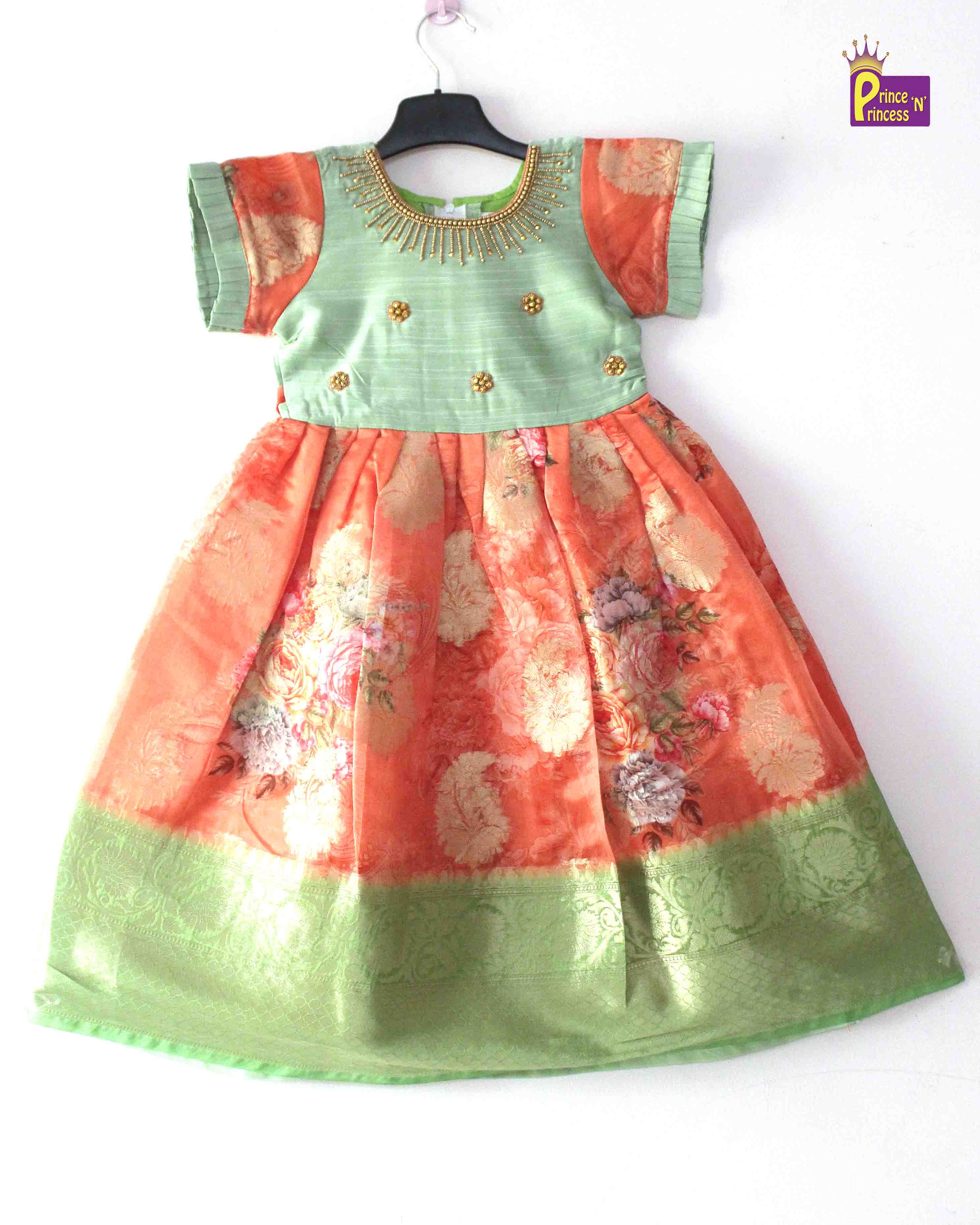 Pista Green Orange  Digital Satin AARI Ethnic Party Gown PG351 Prince N Princess
