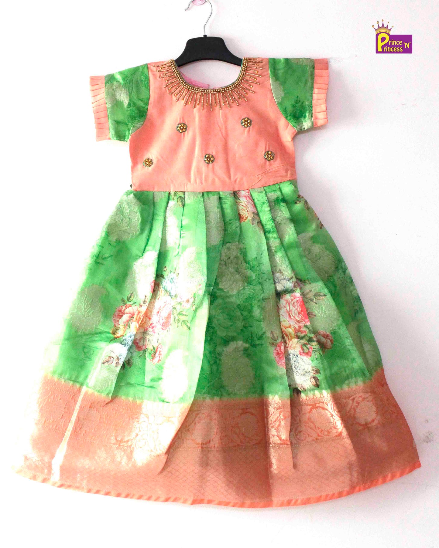 Peach Green Digital Satin AARI Ethnic Party Gown PG352