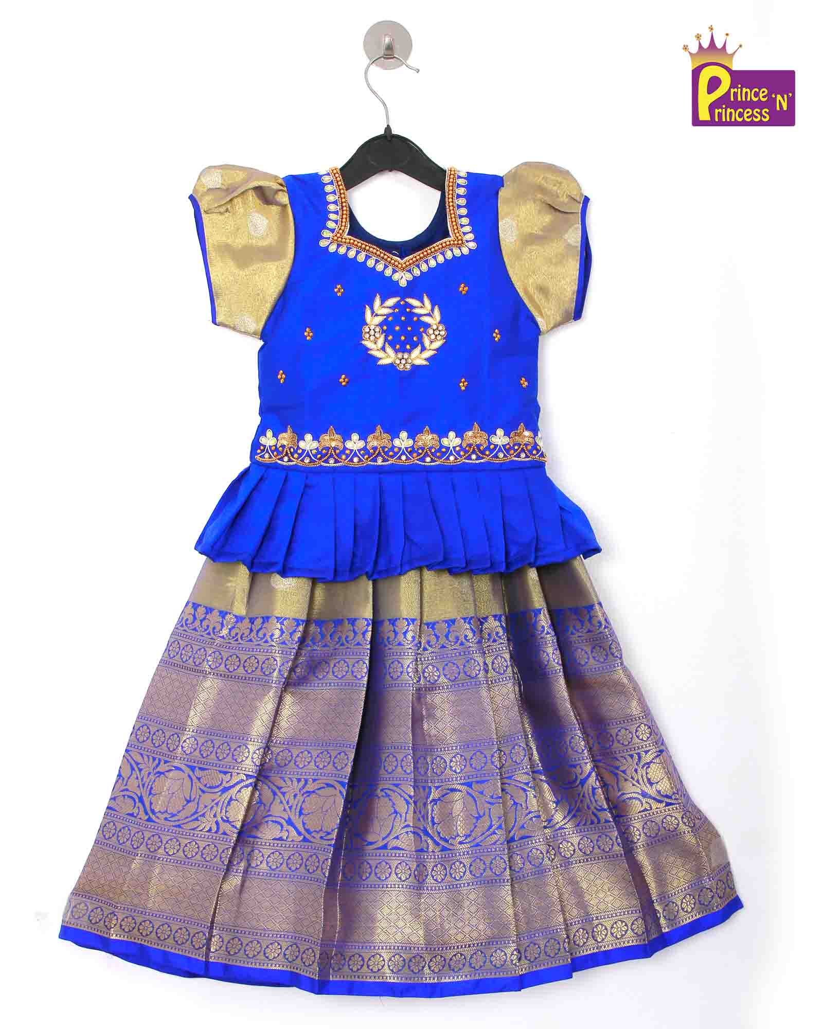 Kids Blue Top With AARI Work Tissue Designer Pattu Pavadai PPP1003 Prince N Princess