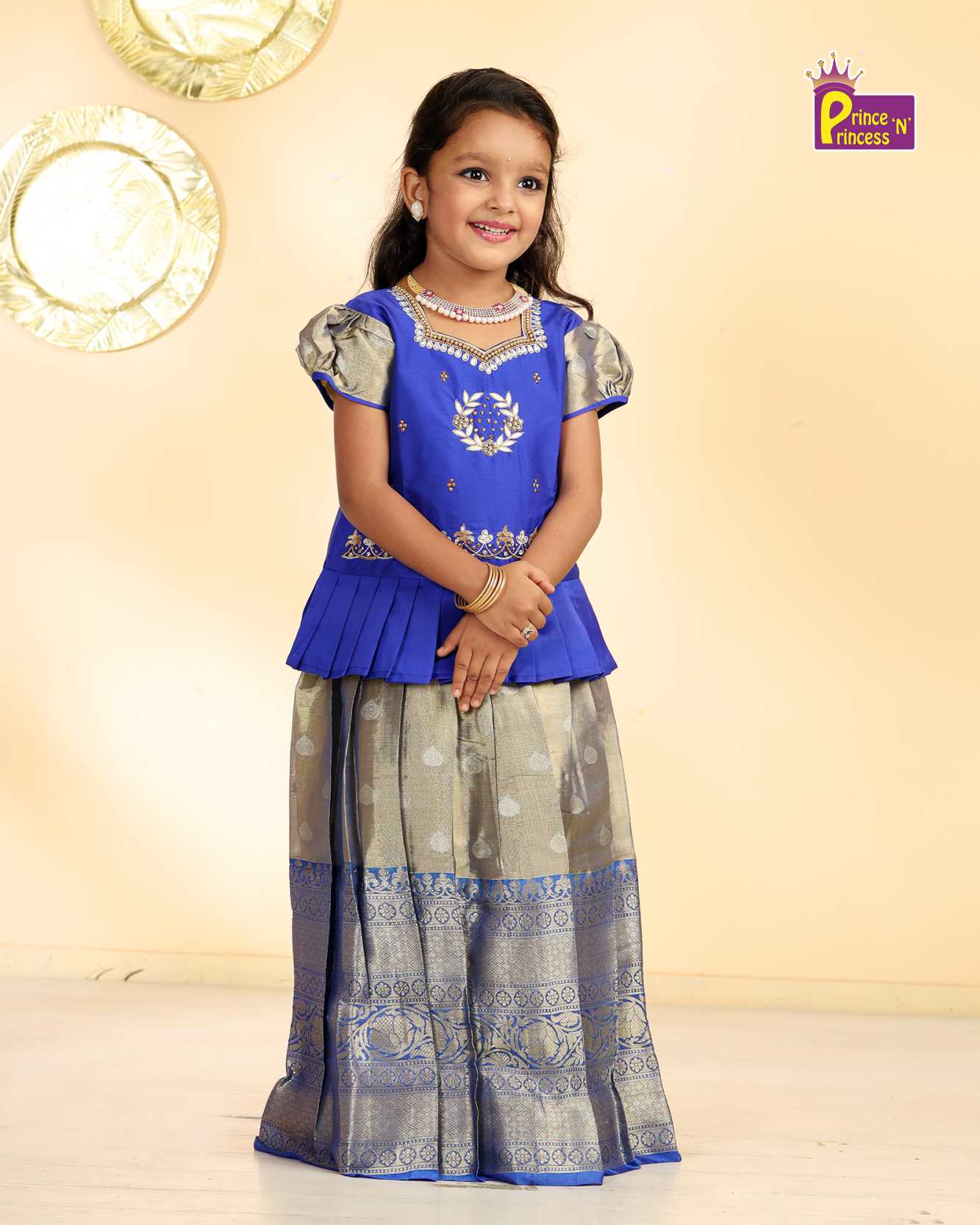 Kids Blue Top With AARI Work Tissue Designer Pattu Pavadai PPP1003 Prince N Princess