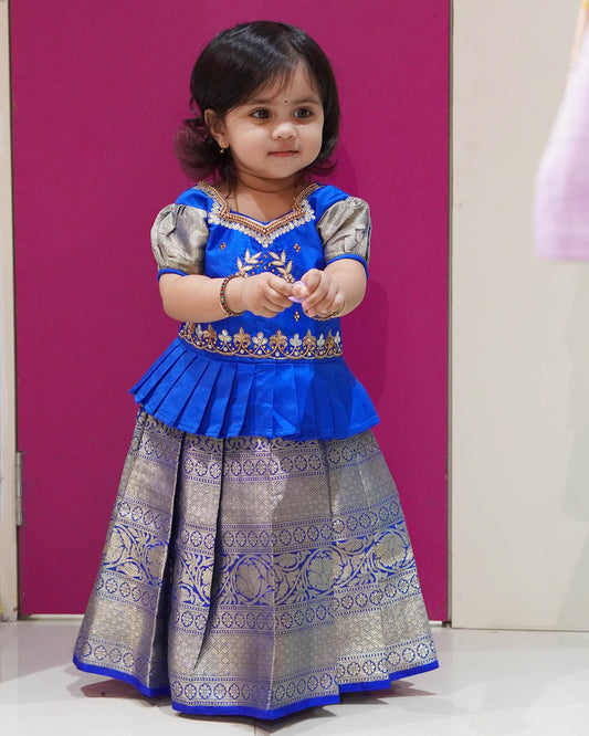 Kids Blue Top With AARI Work Tissue Designer Pattu Pavadai PPP1003