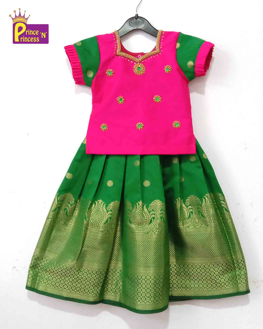 Rani Pink Green Embroidery Aari Work Pattu Pavadai Ppp1008