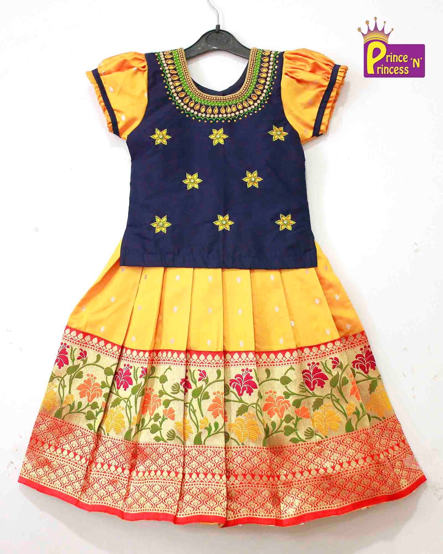 Navy Blue Golden Embroidery Aari Work Pattu Pavadai PPP1012 Prince N Princess