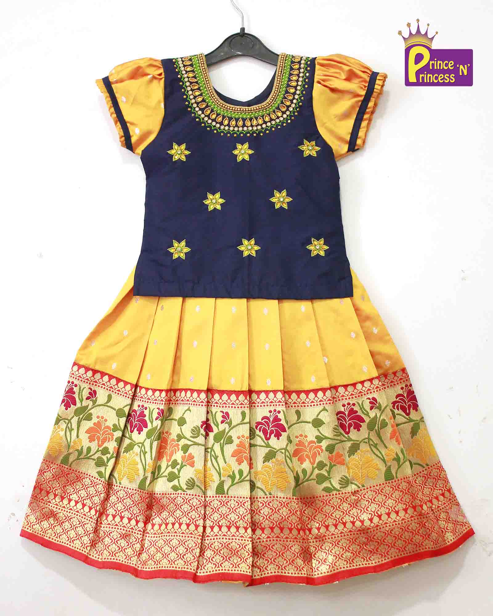 Navy Blue Golden Embroidery Aari Work Pattu Pavadai PPP1012 Prince N Princess