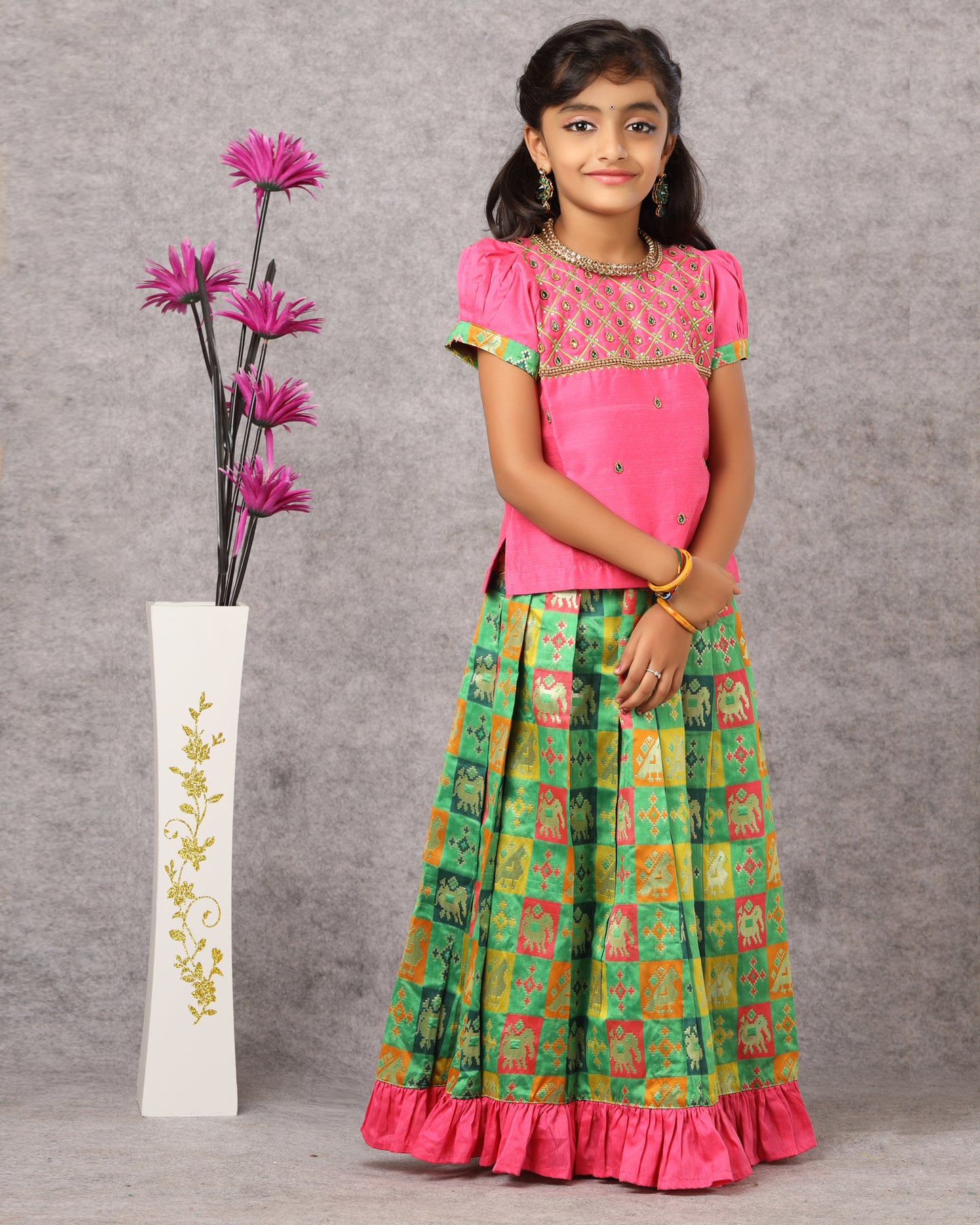 Kids Pink Green Multi Colour Heavy AARI Work Traditional Pattu Pavadai  PPP1013
