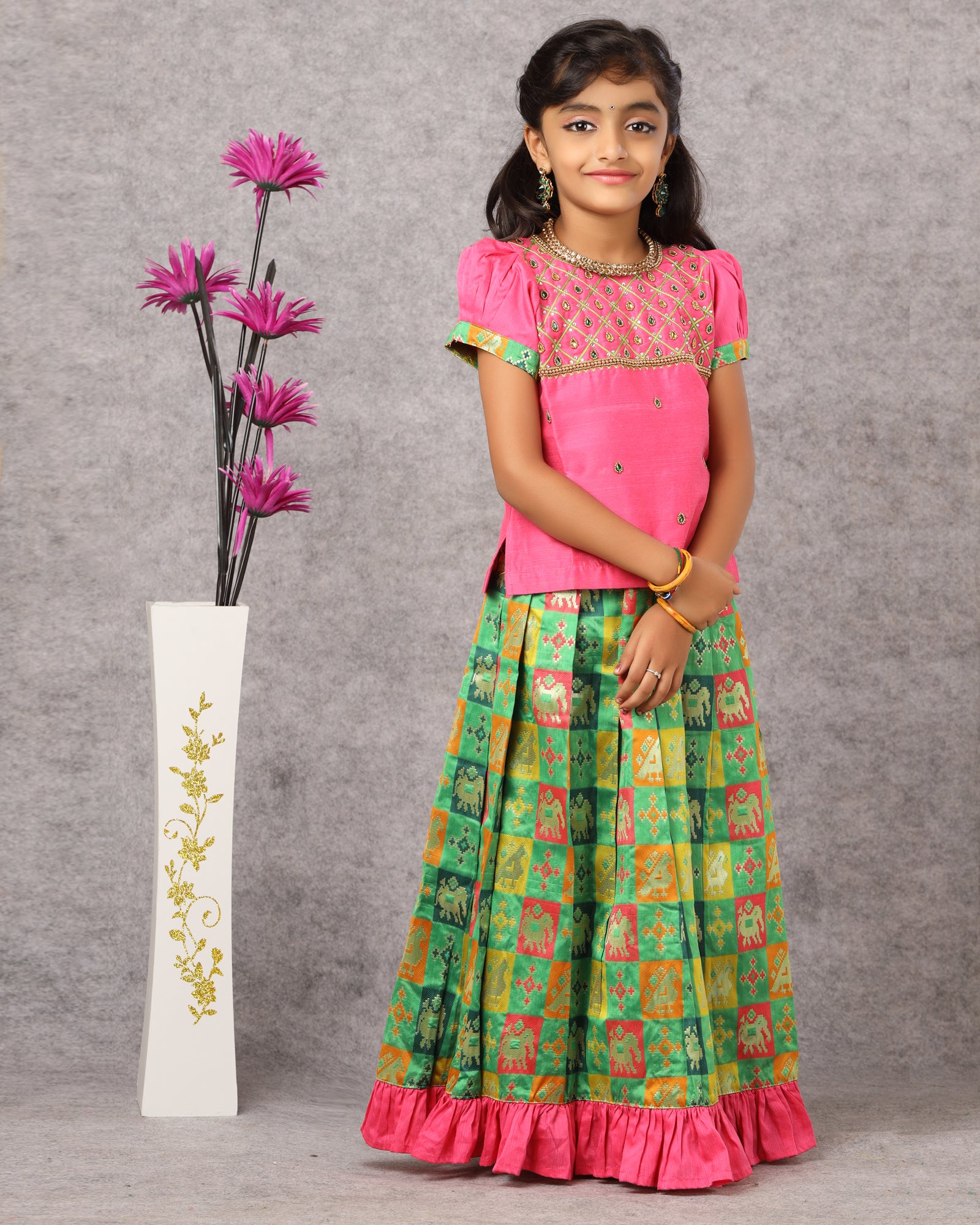 Kids Pink Green Multi Colour Heavy AARI Work Traditional Pattu Pavadai  PPP1013 Prince N Princess