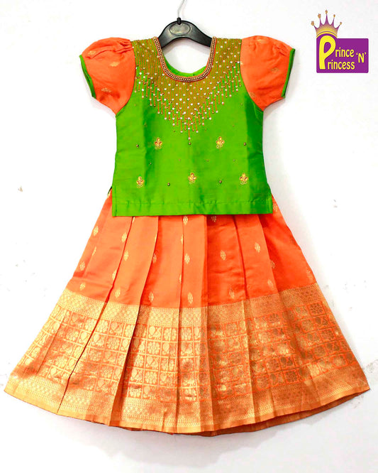 Kids Green Orange Embroidery Aari Work Pattu Pavadai Ppp1017 Prince N Princess