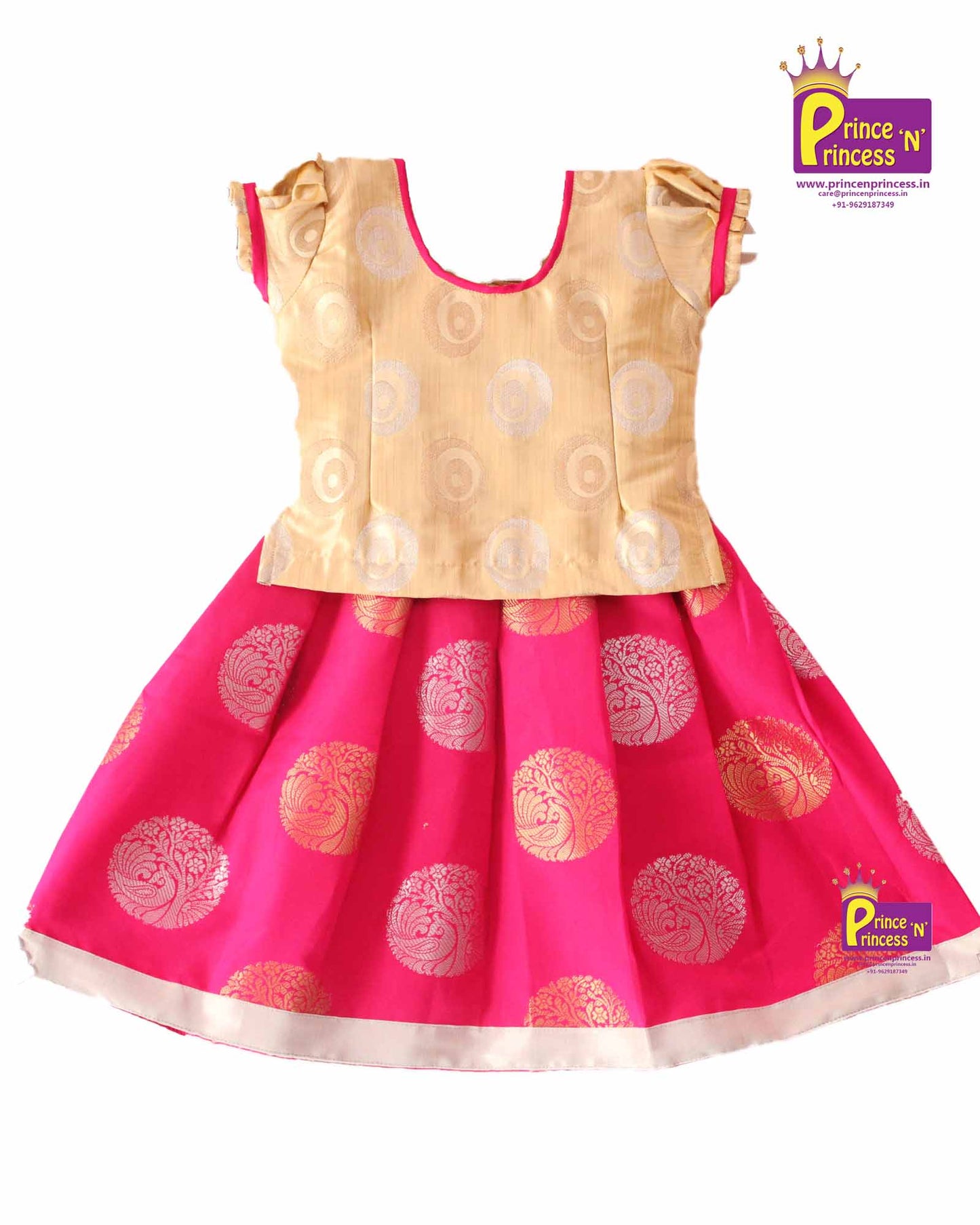 Kids Cream Rani Pink Grand Banarasi Silver Jari Pattu Pavadai Ppp655