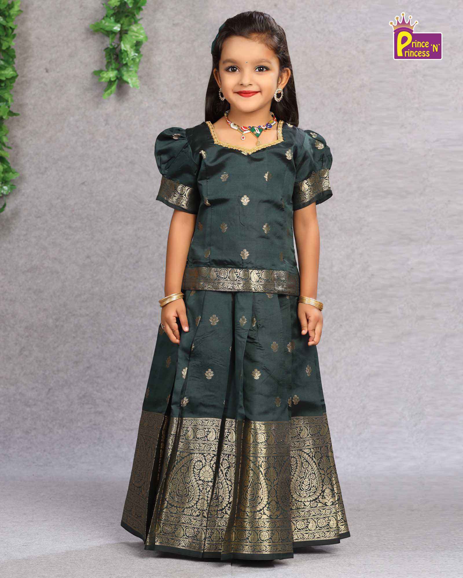 Kids Traditional Pattu Pavadai Bottle Green Green Zari Border PPP1103 Prince N Princess