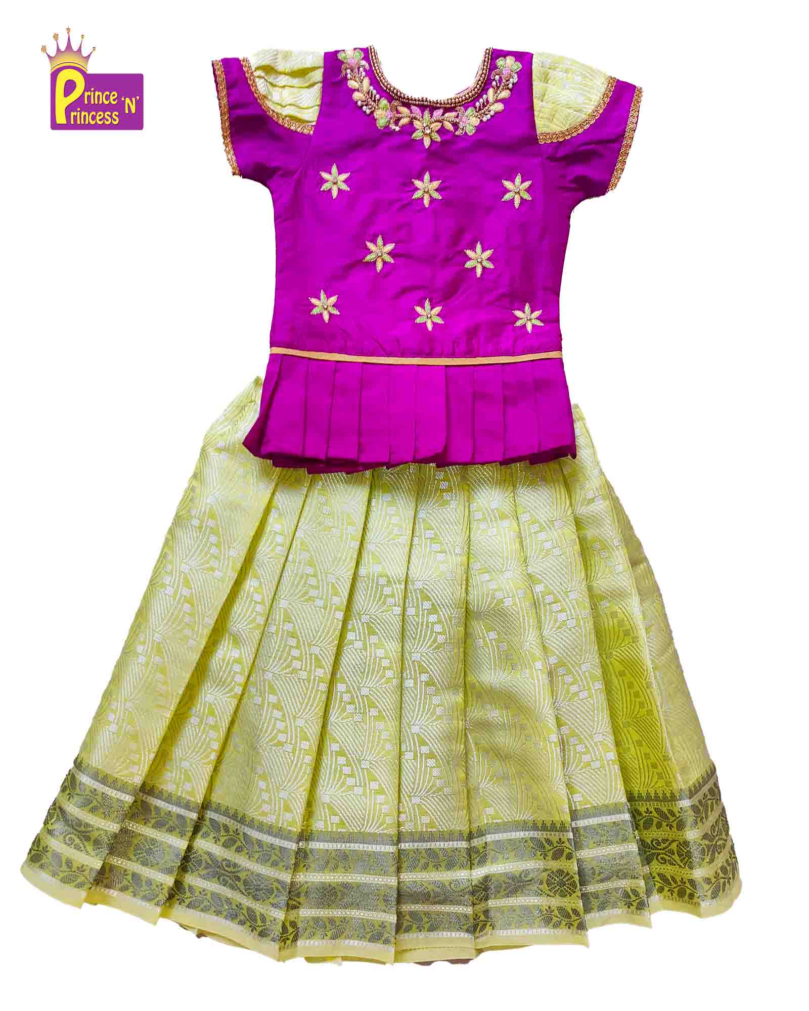 Product Kids Magenta Yellow Aari Work Traditional Pattu Pavadai  PPP1136 Prince N Princess