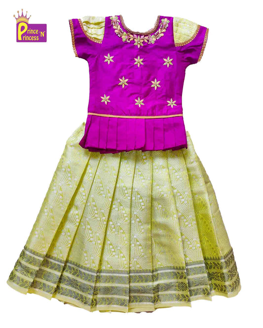 Product Kids Magenta Yellow Aari Work Traditional Pattu Pavadai  PPP1136 Prince N Princess