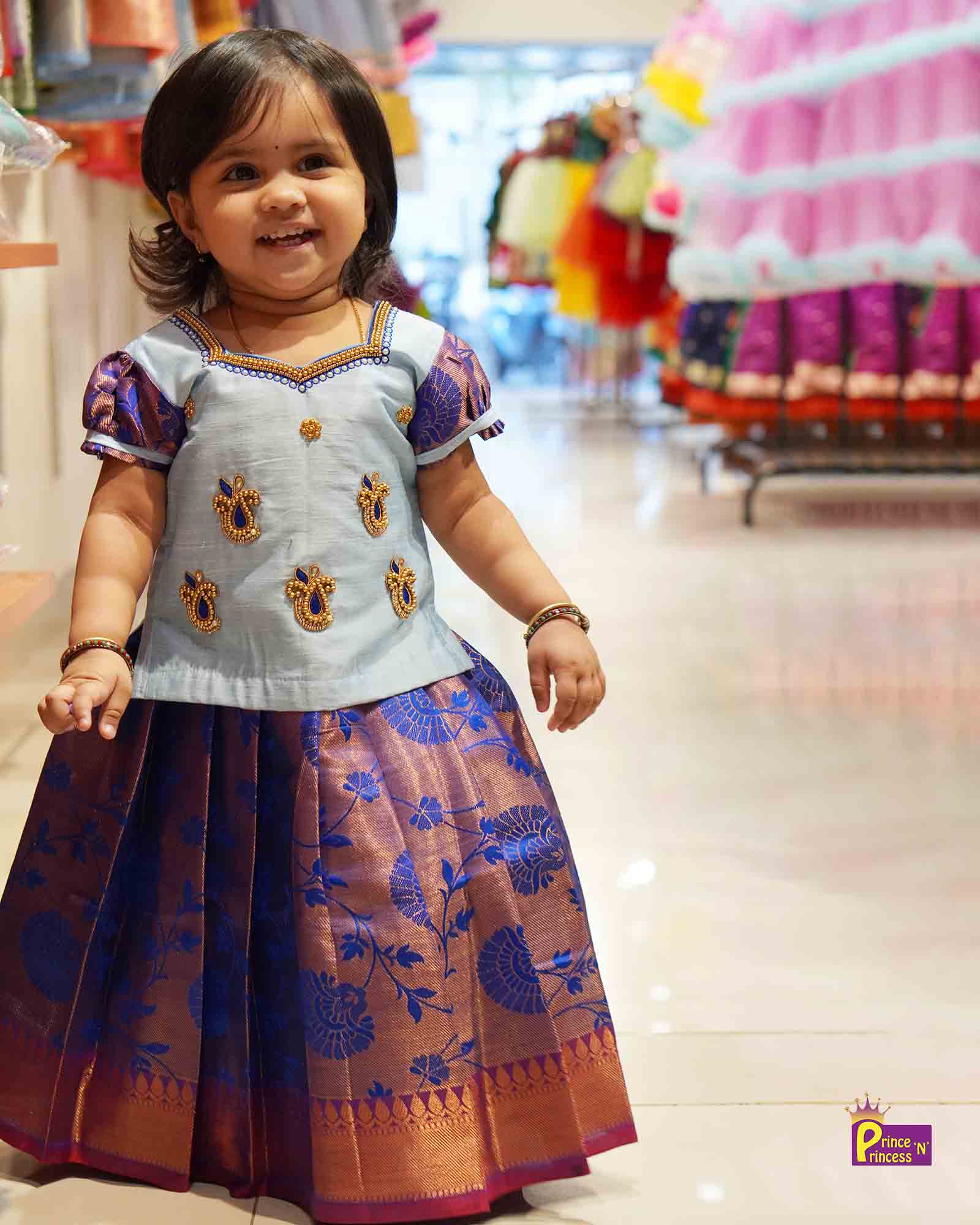Kids Grand Blue Blue Embroidery Aari Work Pattu Pavadai PPP1149 Prince N Princess