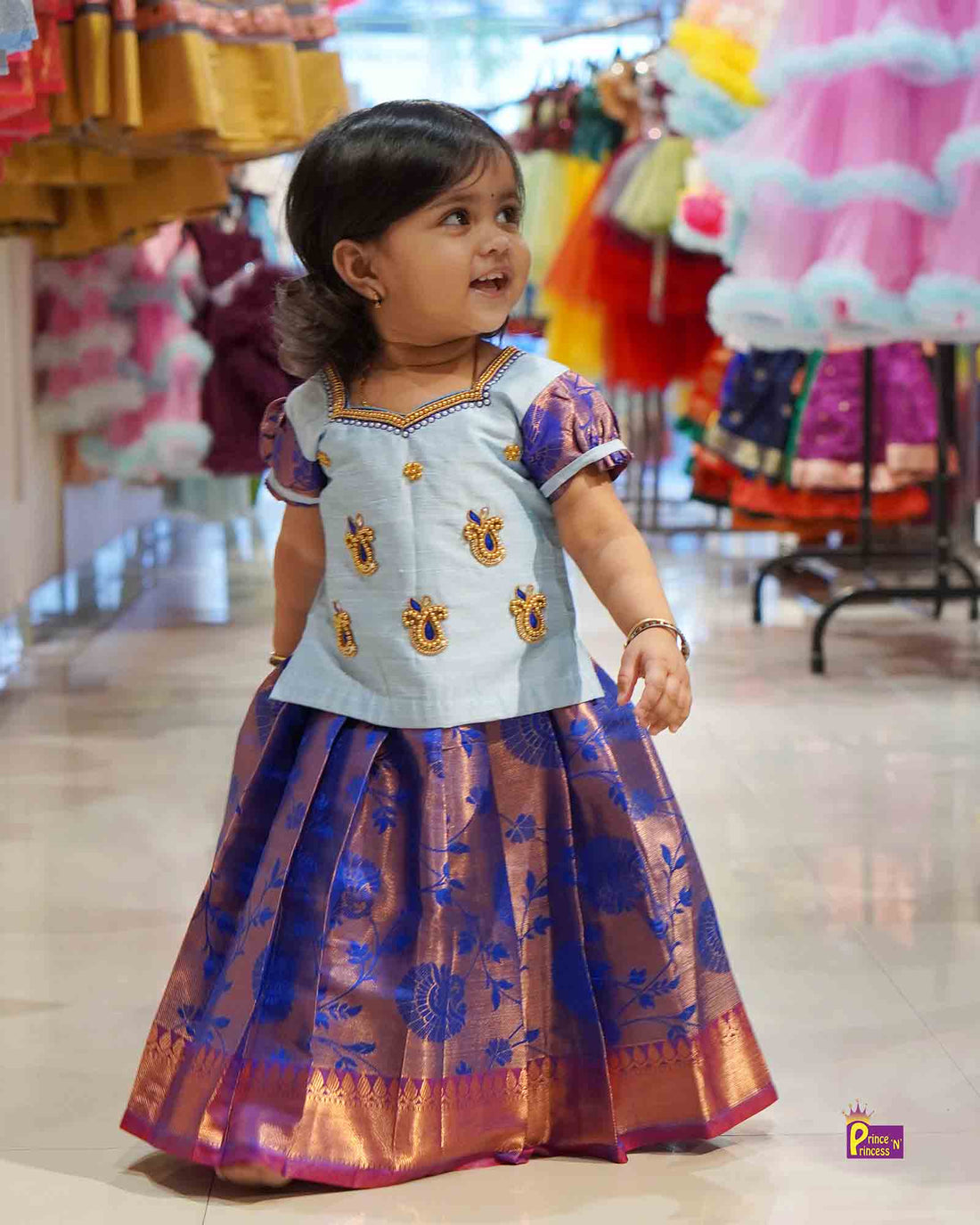 Kids Grand Blue Blue Embroidery Aari Work Pattu Pavadai – Prince N Princess