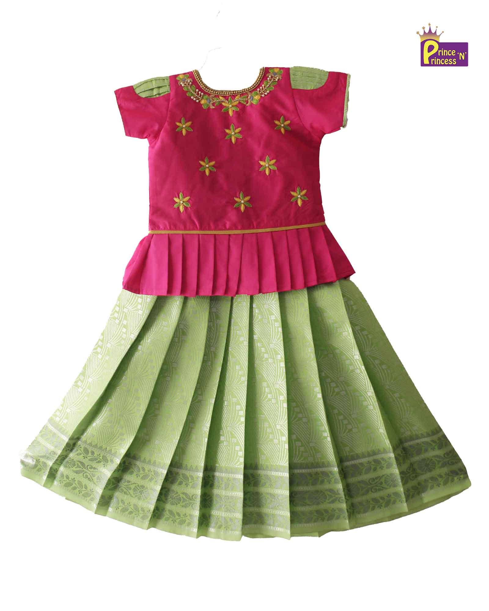 Kids Pink Green Aari Work Traditional Pattu Pavadai  PPP1180 Prince N Princess