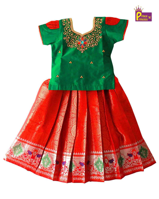 Kids Grand Green Red Embroidery Aari Work Pink Zari Pattu Pavadai PPP1183 Prince N Princess