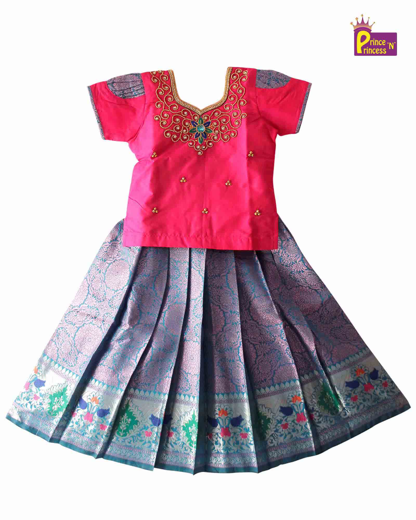 Kids Grand Pink Blue Embroidery Aari Work Pink Zari Pattu Pavadai PPP1184 Prince N Princess