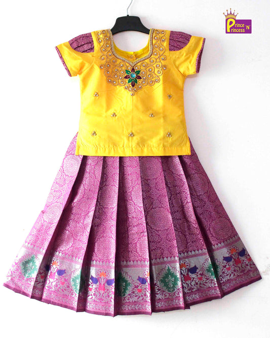 Kids Grand Yellow Magenta Embroidery Aari Work Pink Zari Pattu Pavadai PPP1228 Prince N Princess