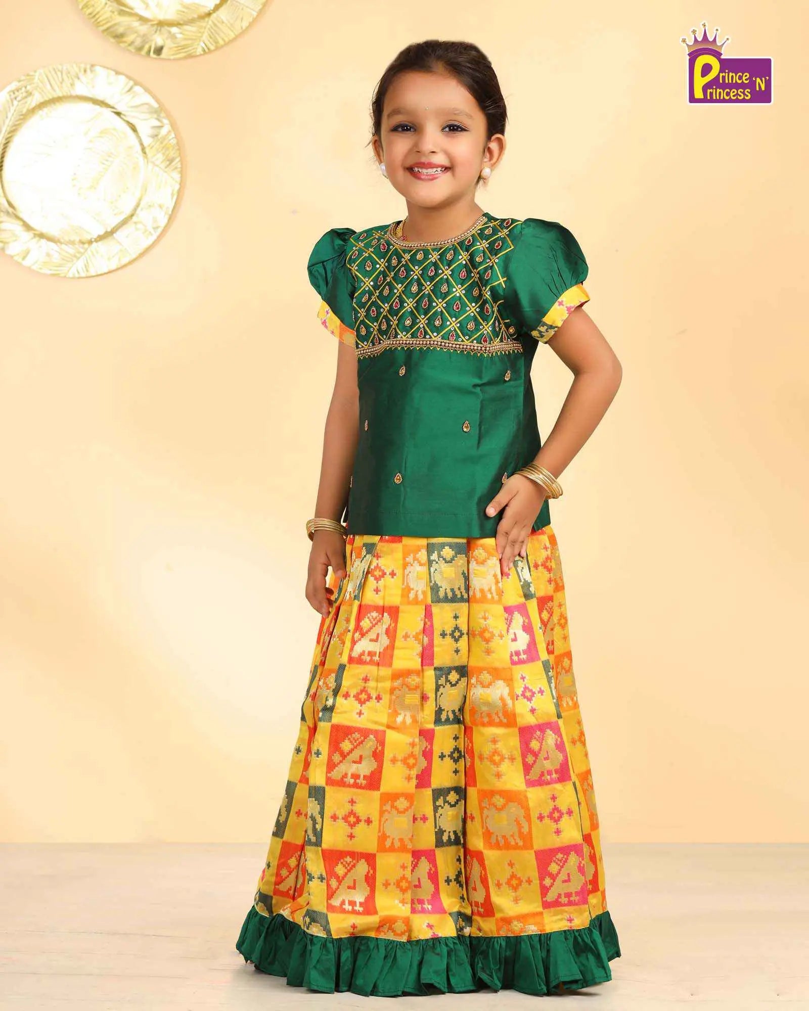 Kids Green With Yellow  Multi Colour Heavy AARI Work Traditional Pattu Pavadai PPP931 Prince N Princess